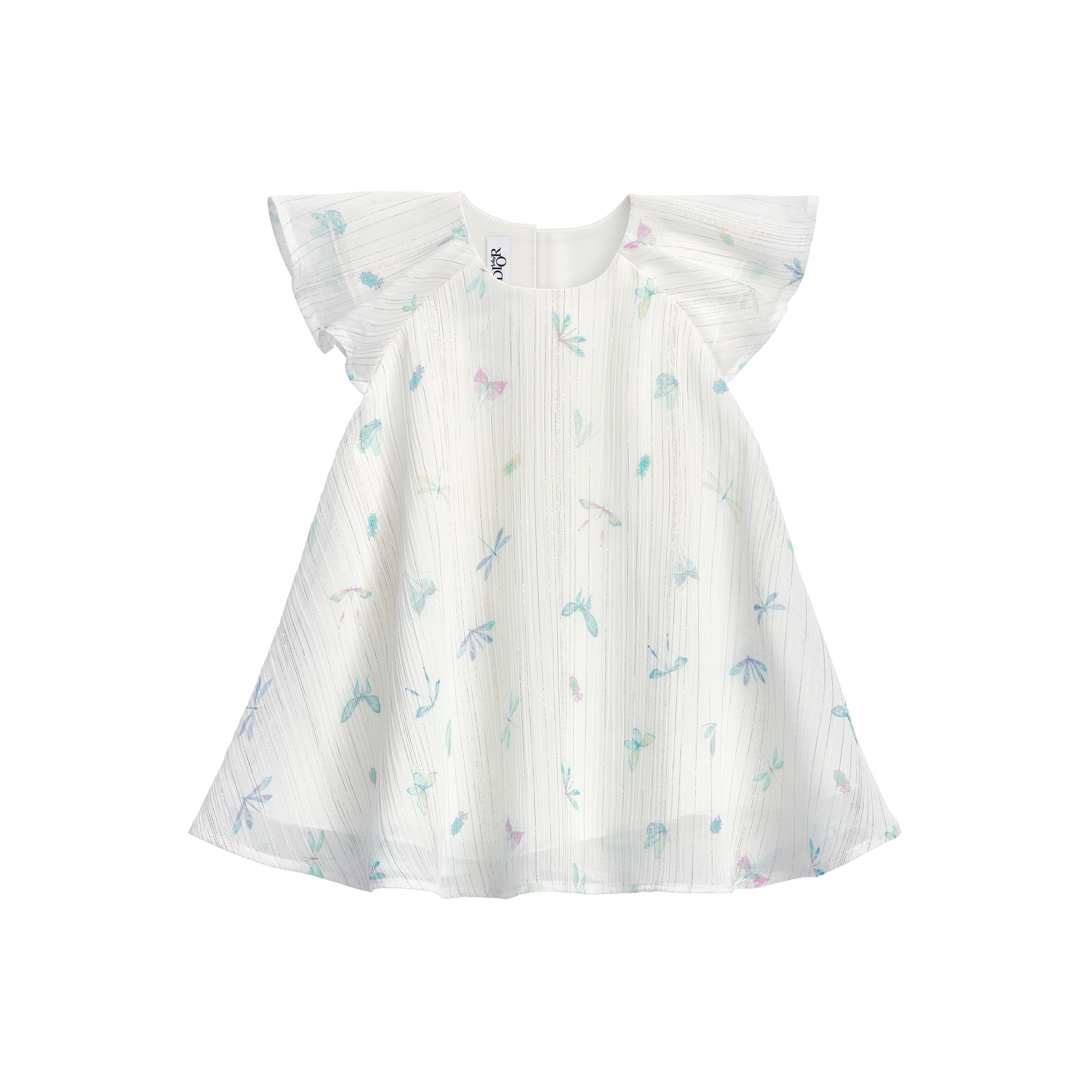 Baby Flared Dress Ivory Shiny Pleated Crepe with Pastel Seasonal Motif E01