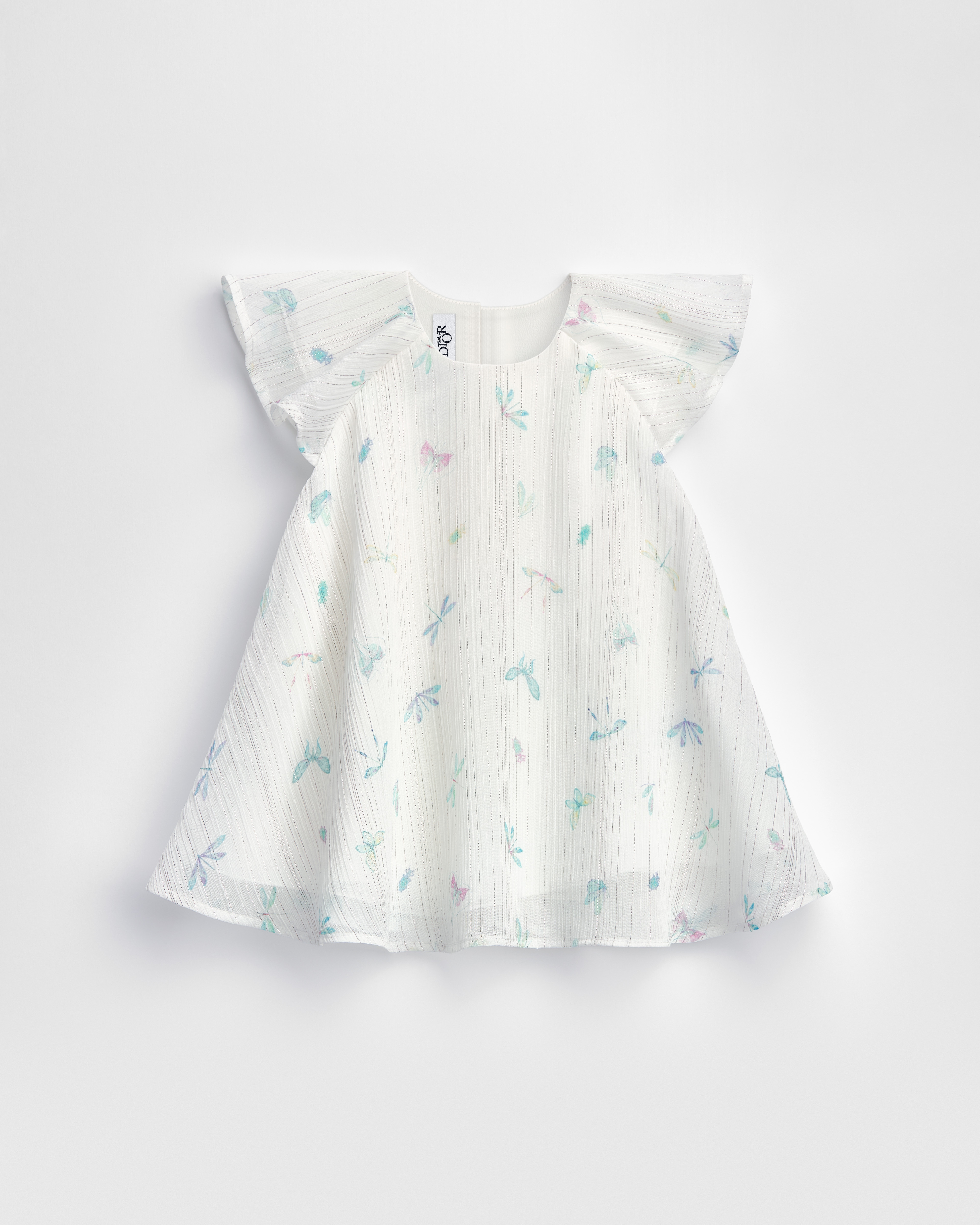 Baby Flared Dress Ivory Shiny Pleated Crepe with Pastel Seasonal Motif E01