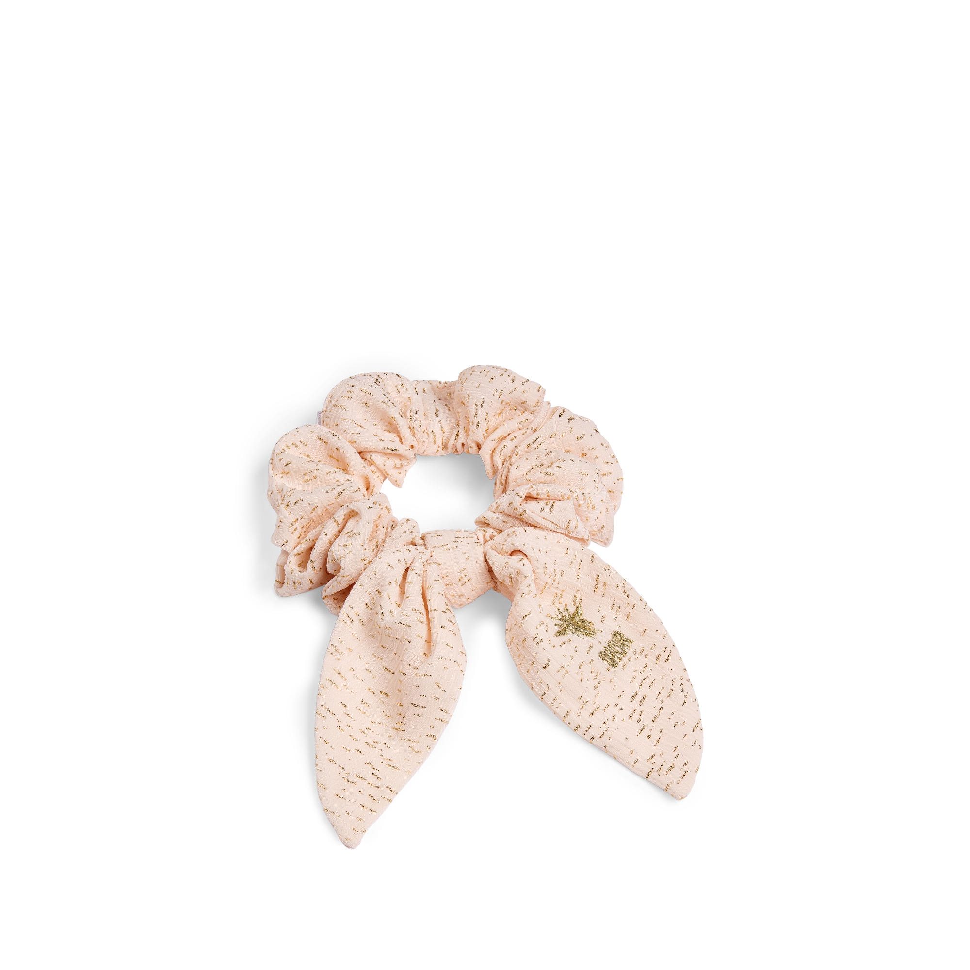 Élastiques à cheveux enfant Gabardine de coton rose pâle, crêpe rose pâle à paillettes dorées, mousseline ivoire jacquard abeilles doré E10