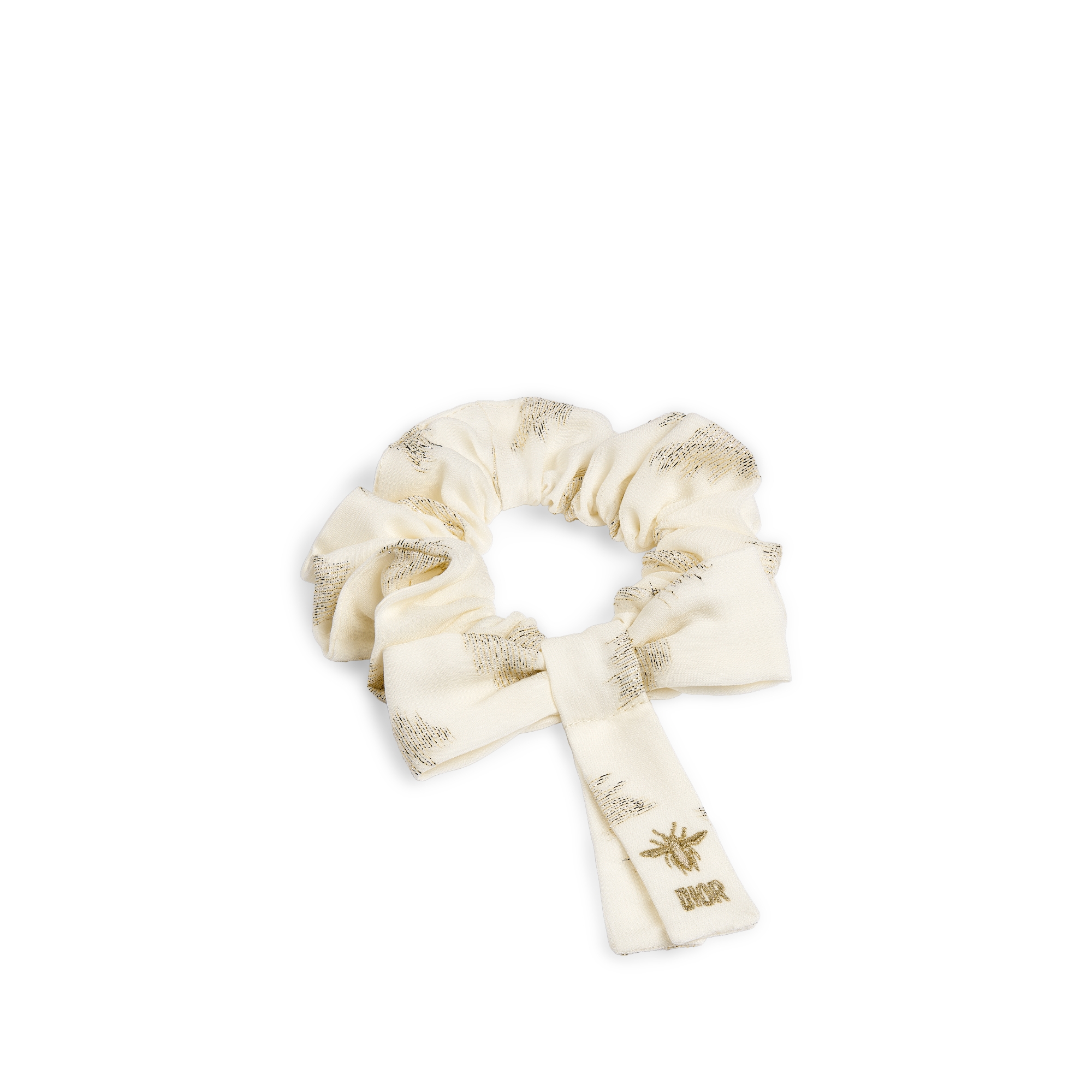 Élastiques à cheveux enfant Gabardine de coton rose pâle, crêpe rose pâle à paillettes dorées, mousseline ivoire jacquard abeilles doré E11