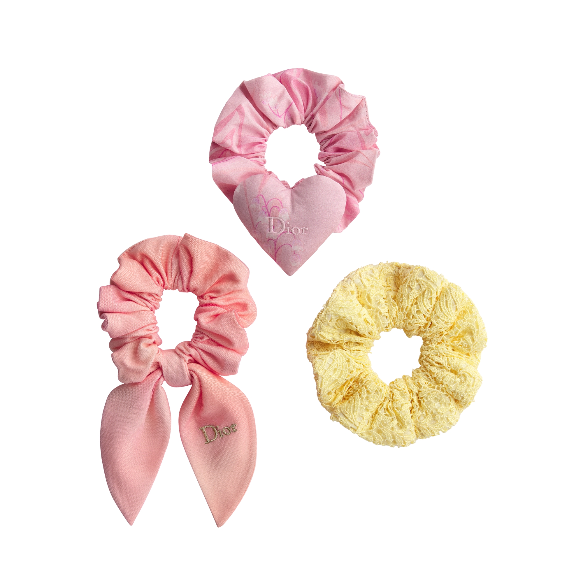 Kids' Scrunchies Pink Multicolor Tulle, Yellow Cotton Guipure and Pink Lily of the Valley Cotton Poplin E01