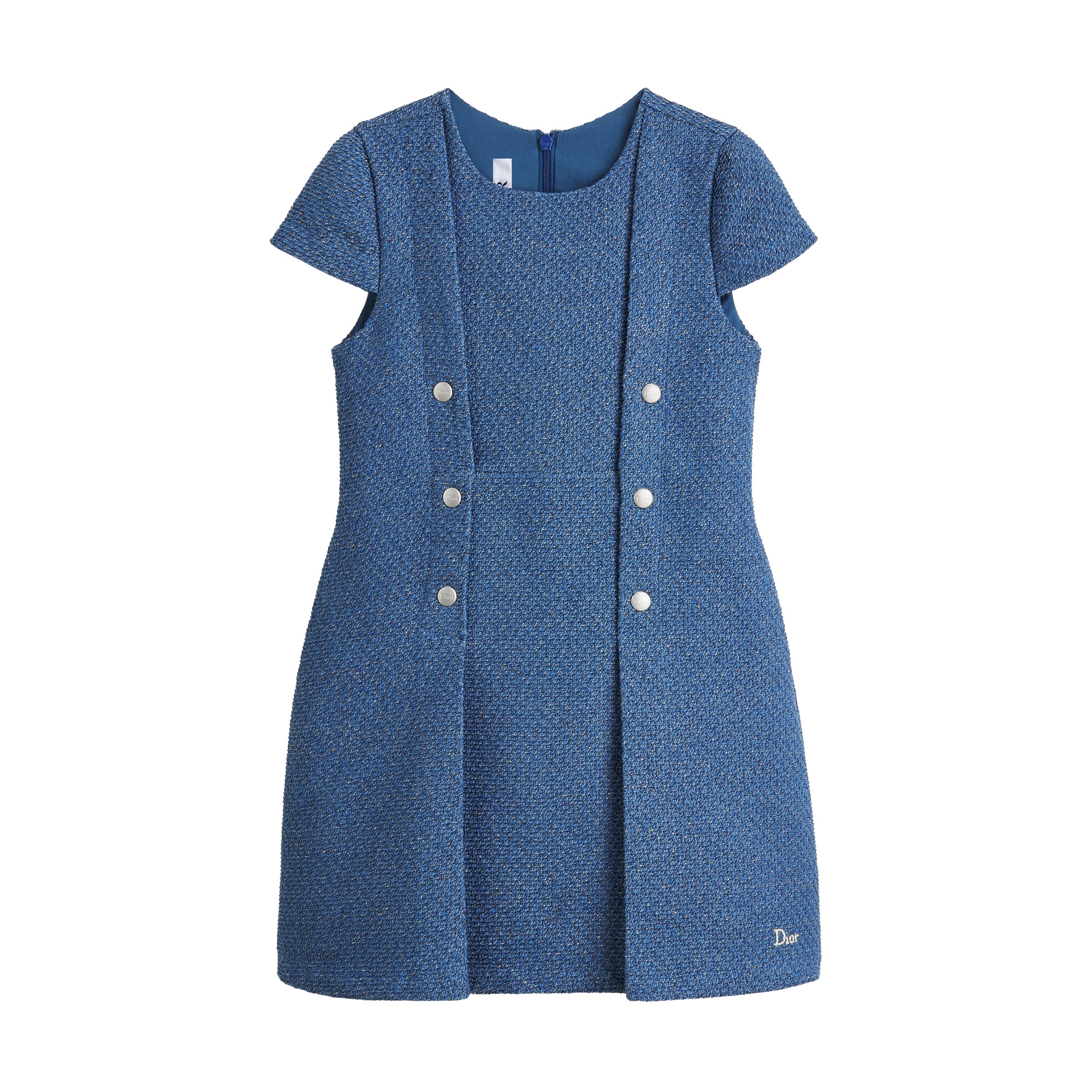 Kids' A-Line Dress Blue and Gold-Tone Jacquard Cotton Denim with Tweed Effect E01