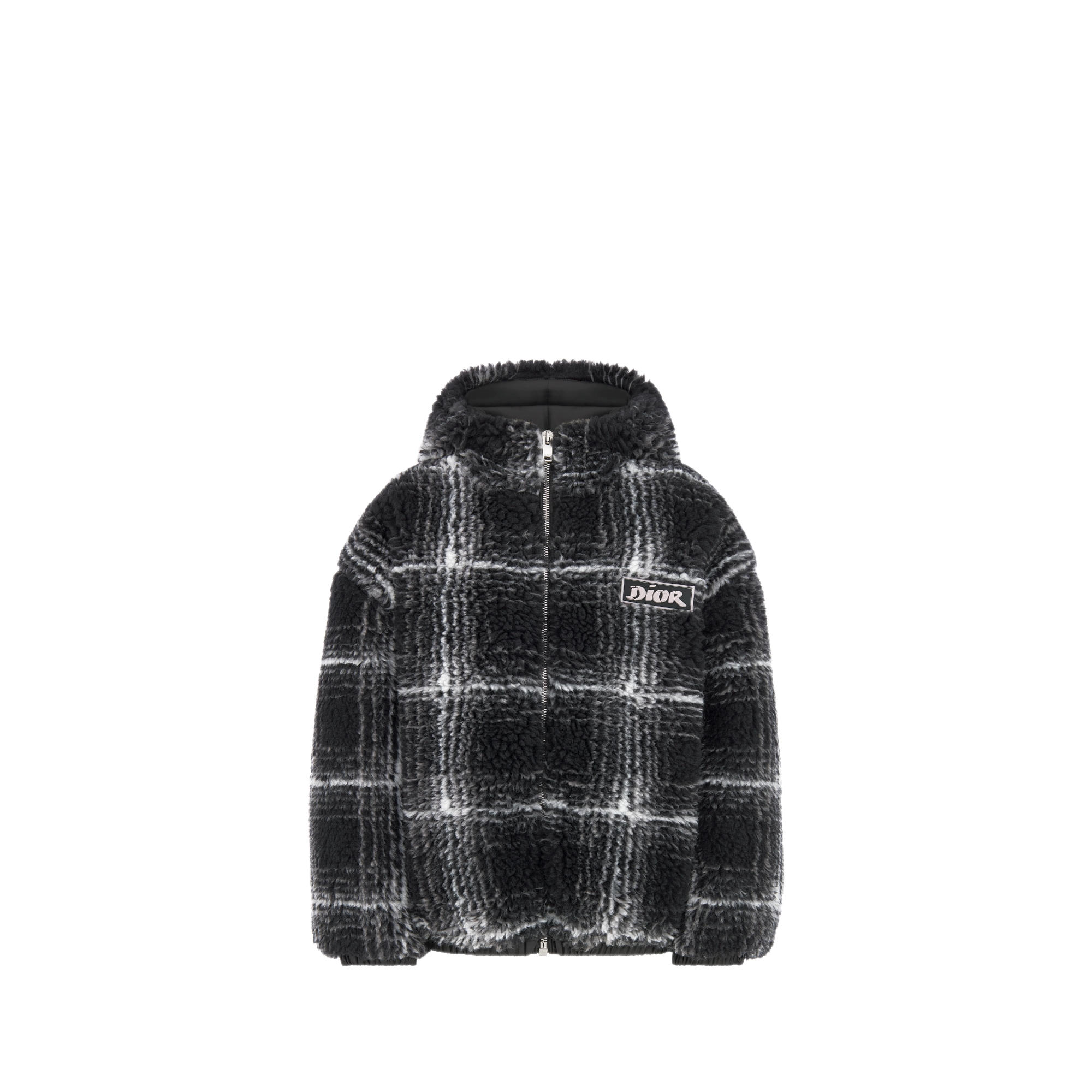 童裝連帽外套 黑色羊毛混紡人造毛皮配灰色方格主題圖案 E01