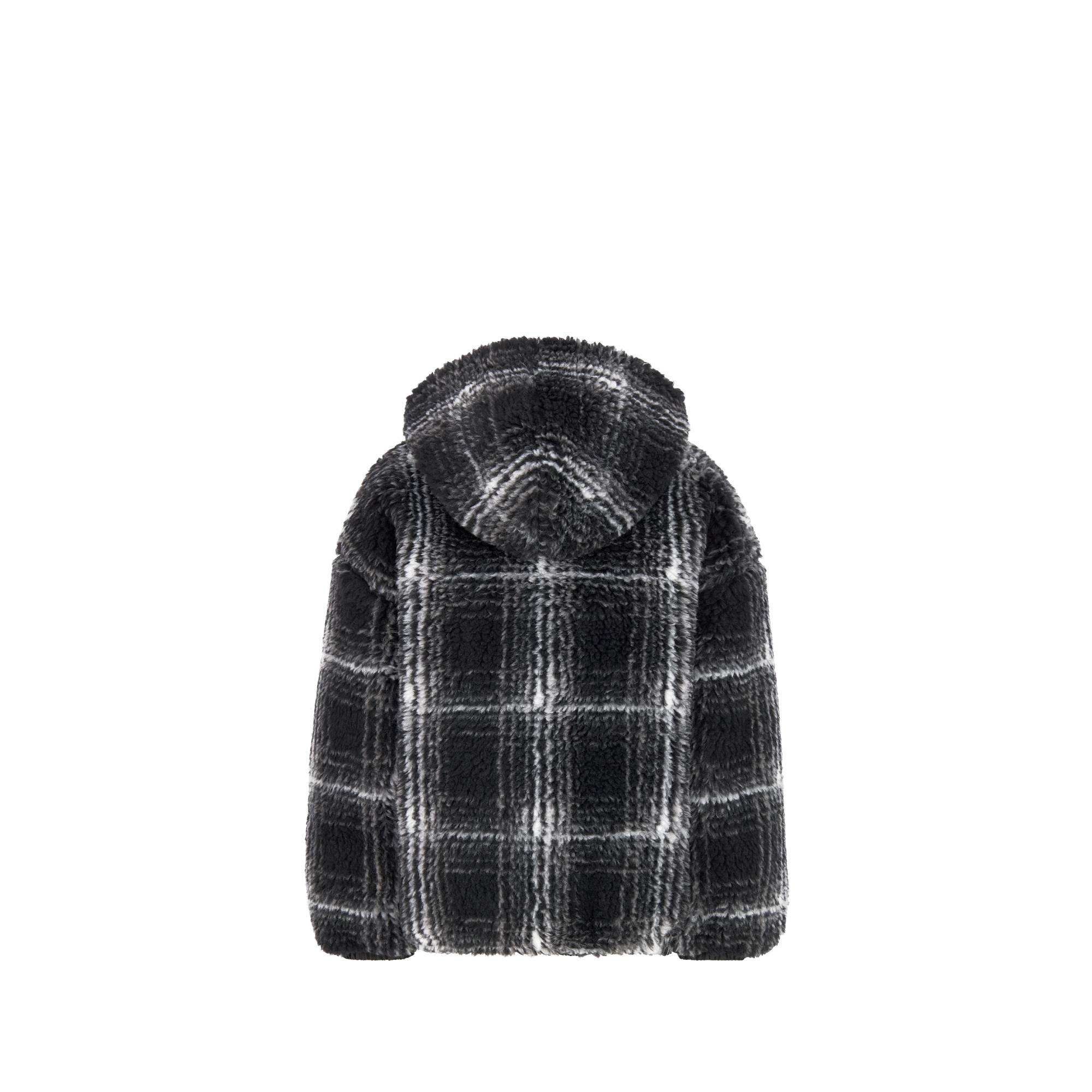 Kids' Hooded Jacket Black Wool-Blend Faux Fur with Gray Checkered Motif E08