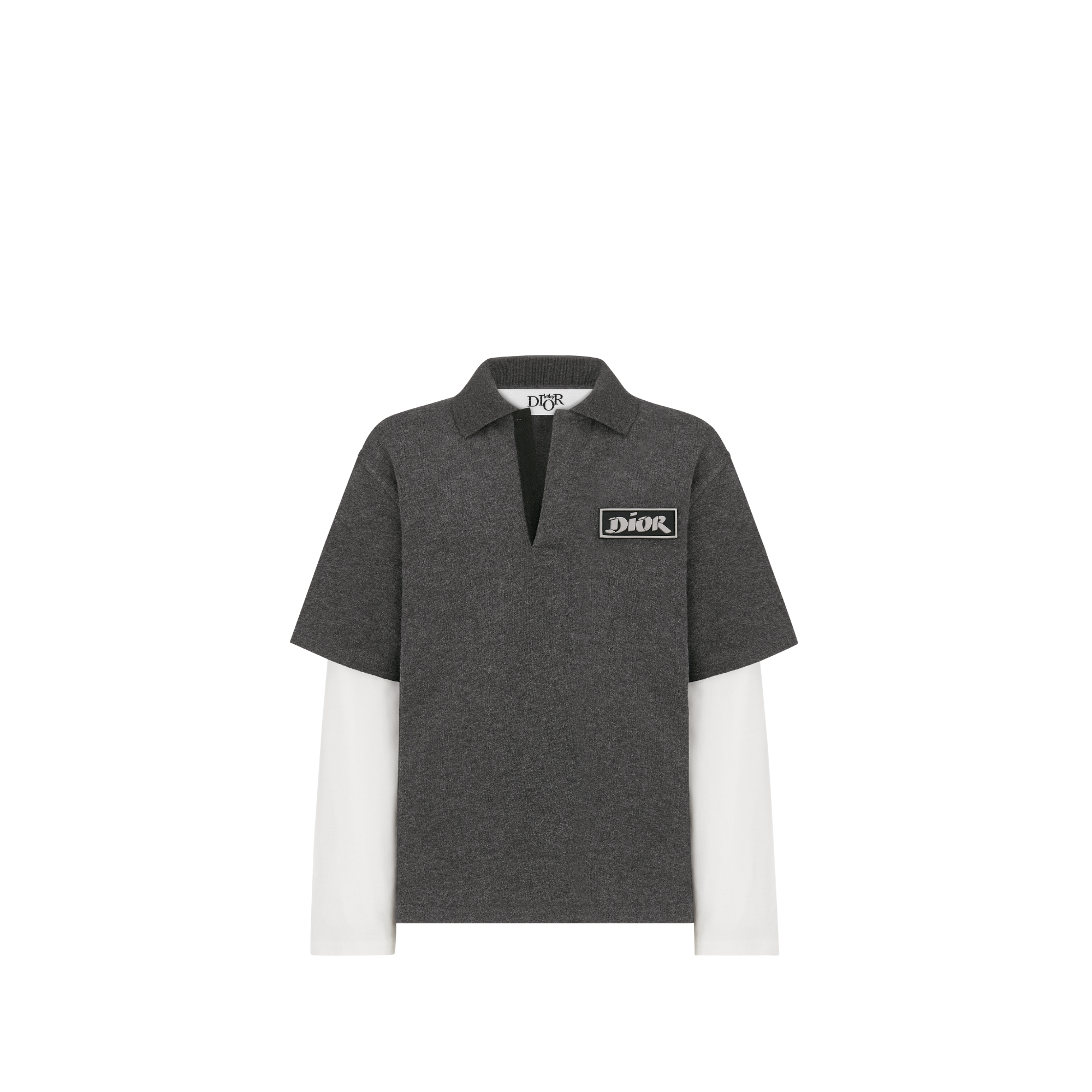 Kids' Long-Sleeved Polo Shirt Anthracite Gray and Ivory Cotton Jersey E01