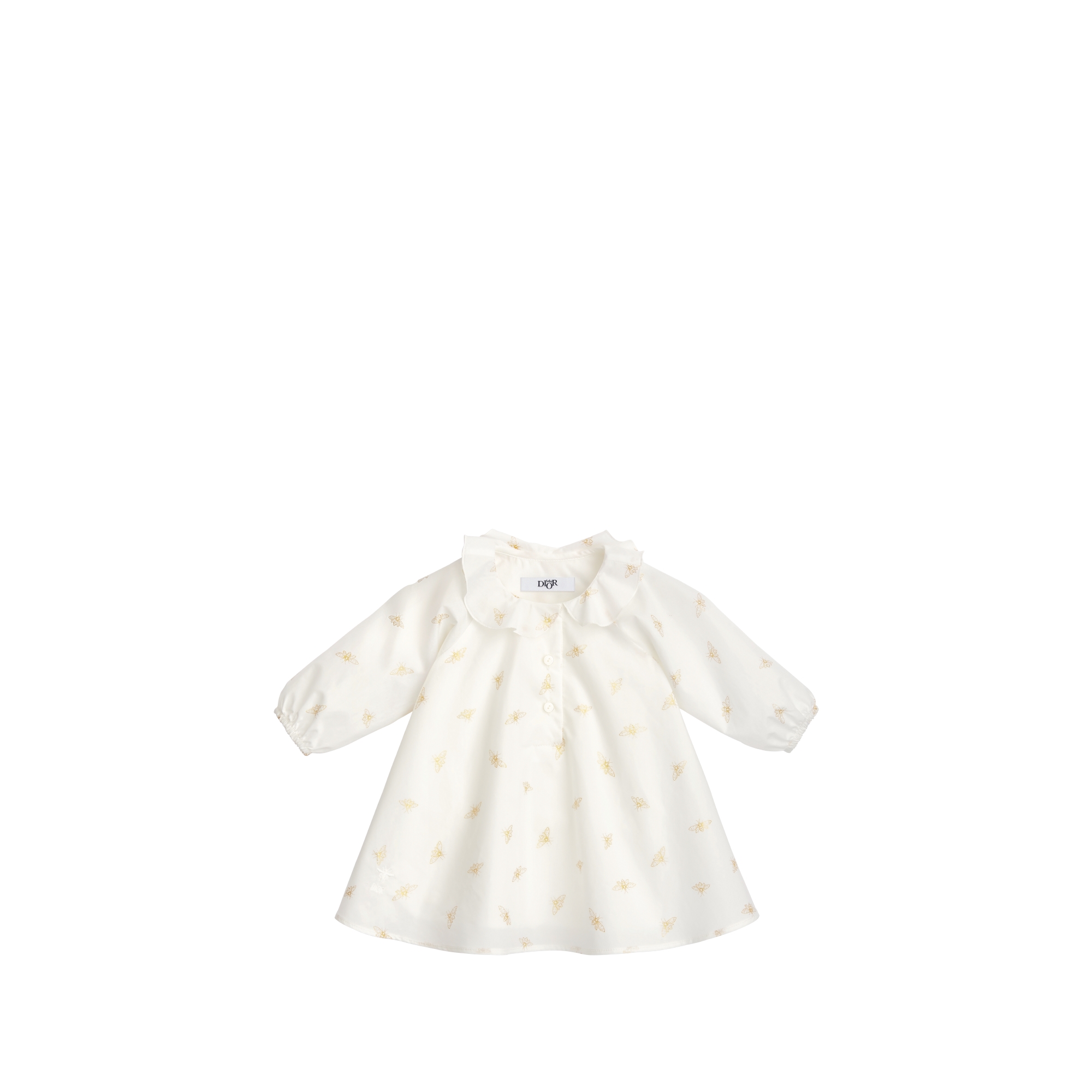 Baby Flared Dress Ivory Cotton Poplin with Gold-Tone Bee Motif E01