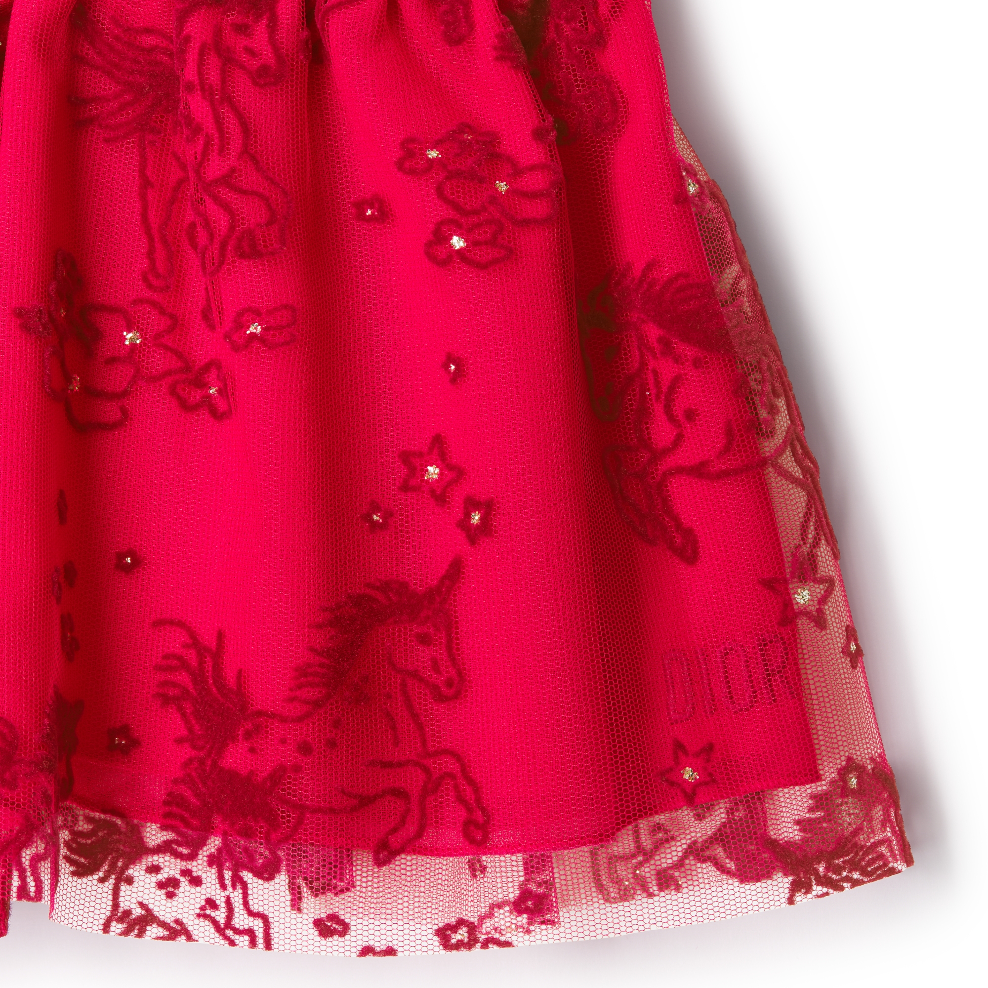 Baby Flared Skirt Red Tulle with Deep Red and Gold-Tone Unicorn Motif E09