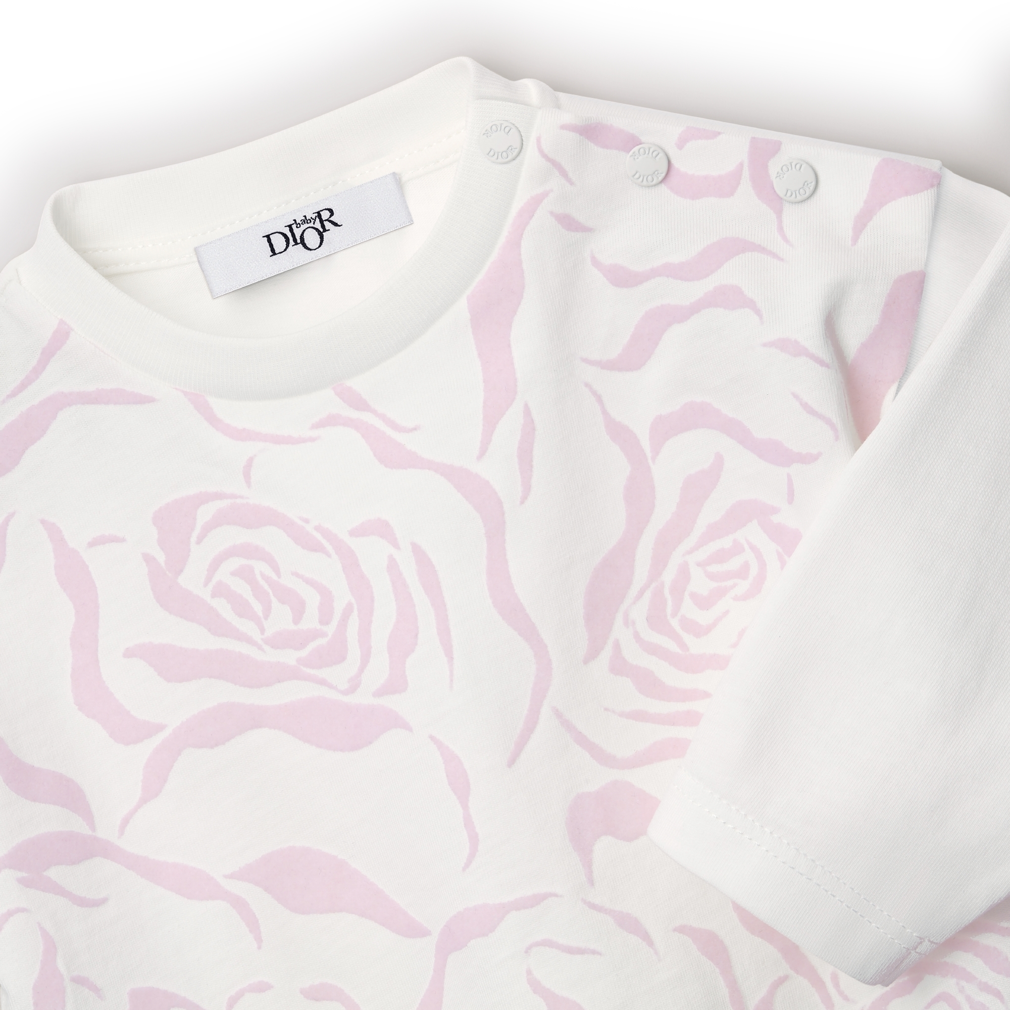 Baby Long-Sleeved T-Shirt Ivory Cotton Jersey with Pale Pink Jardin de Roses Motif E09