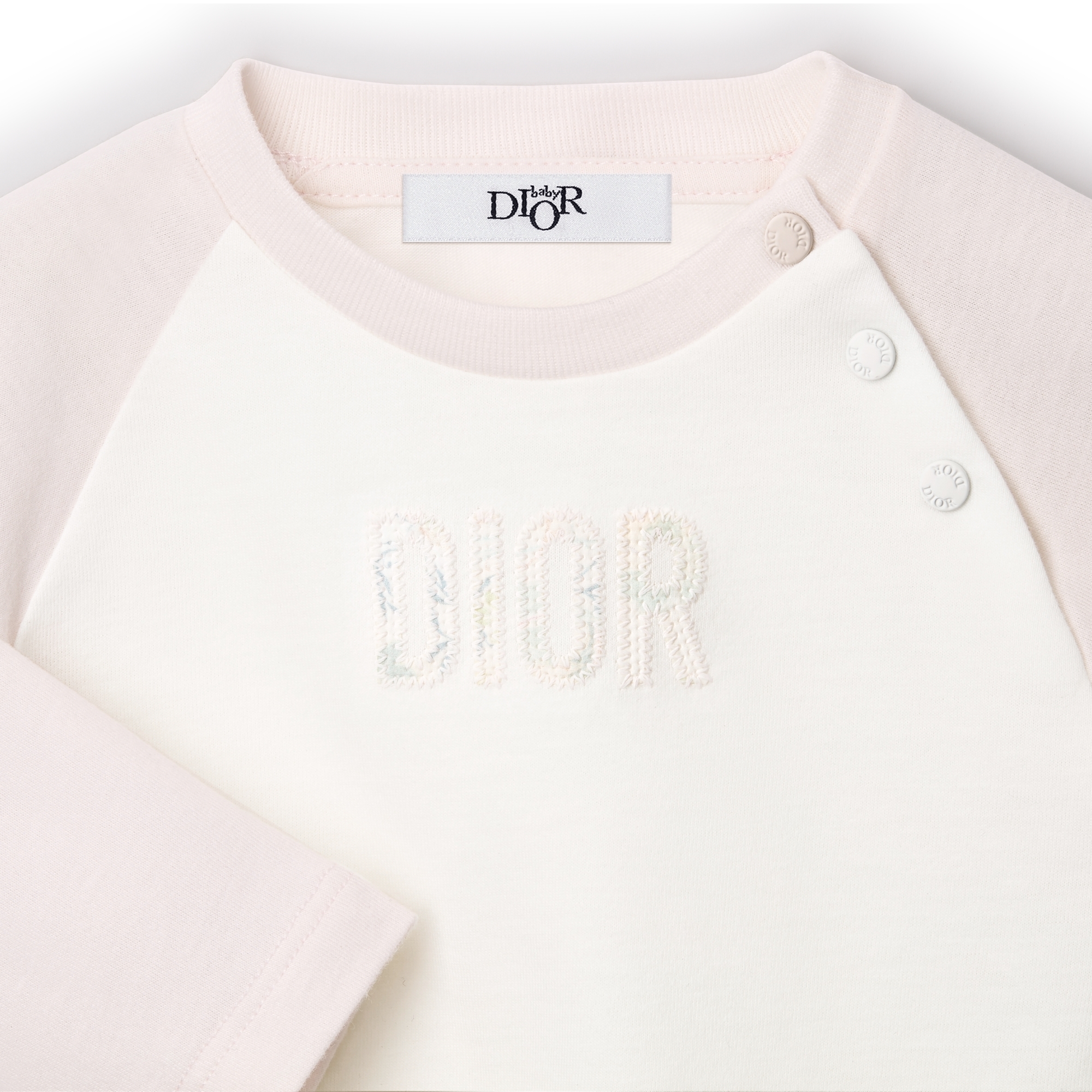 Baby Long-Sleeved T-Shirt Ivory and Pale Pink Cotton Jersey E09