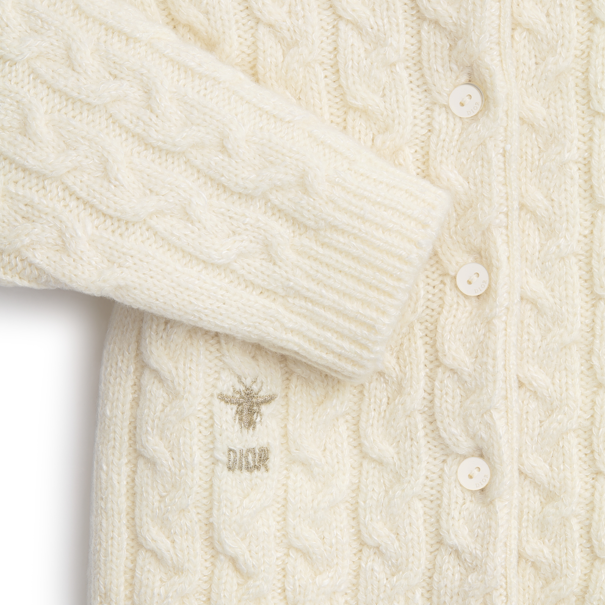 嬰兒開襟羊毛衫 象牙色麻花針織羊毛和絲綢 E09