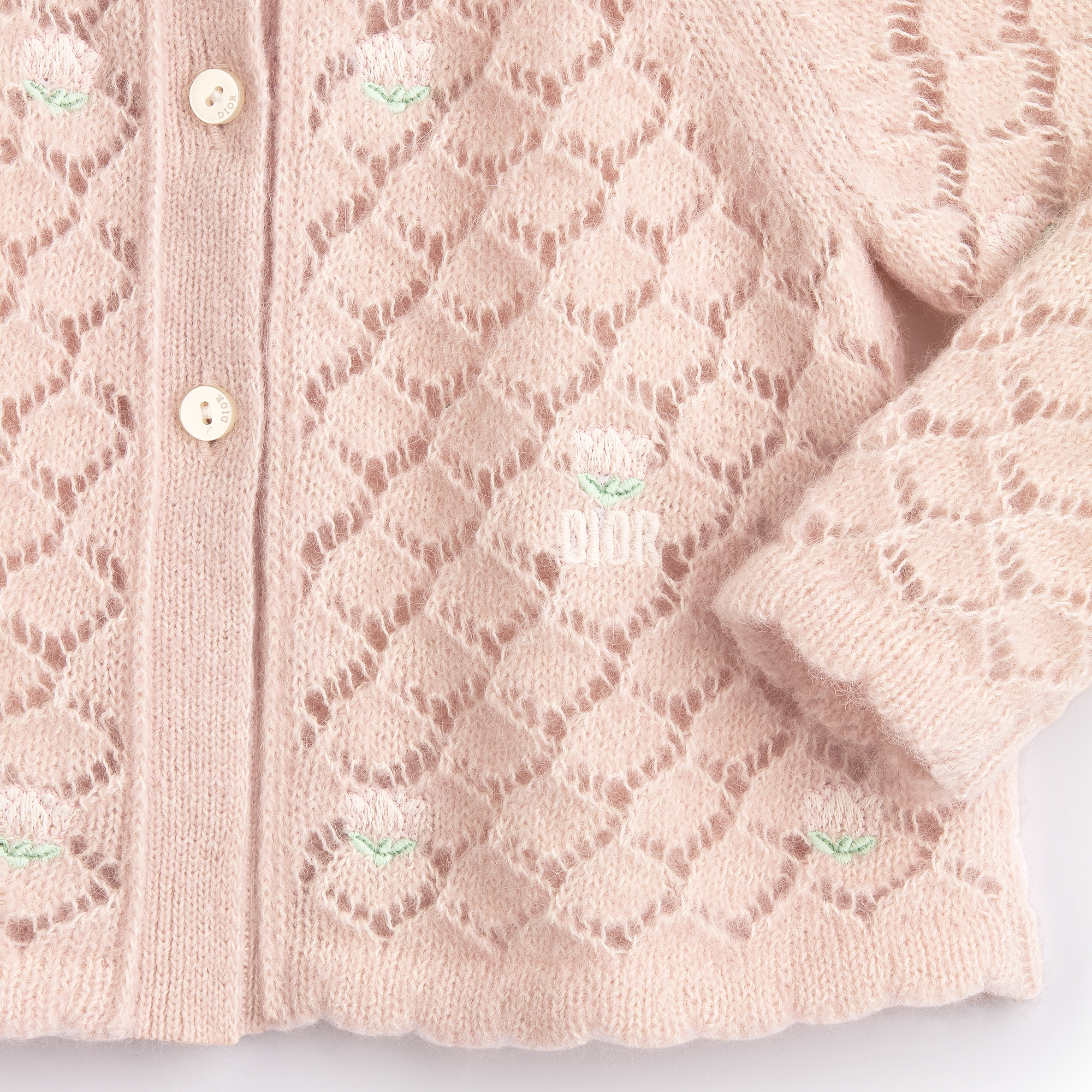 Baby Cardigan Pale Pink Cotton-Wool-Alpaca Crochet-Effect Knit with Lily of the Valley Embroidery E09