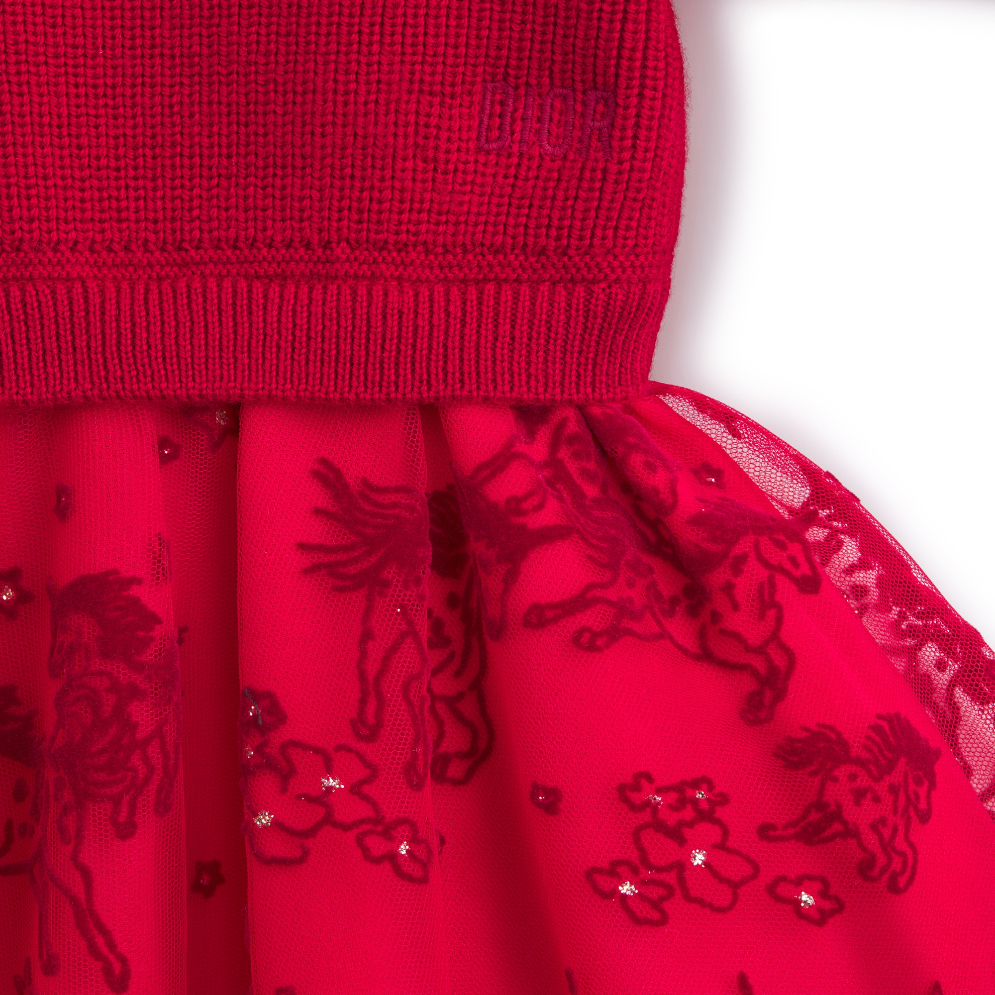 Baby Flared Dress Red Alpaca-Wool Knit and Red Tulle with Deep Red and Gold-Tone Unicorn Motif E09