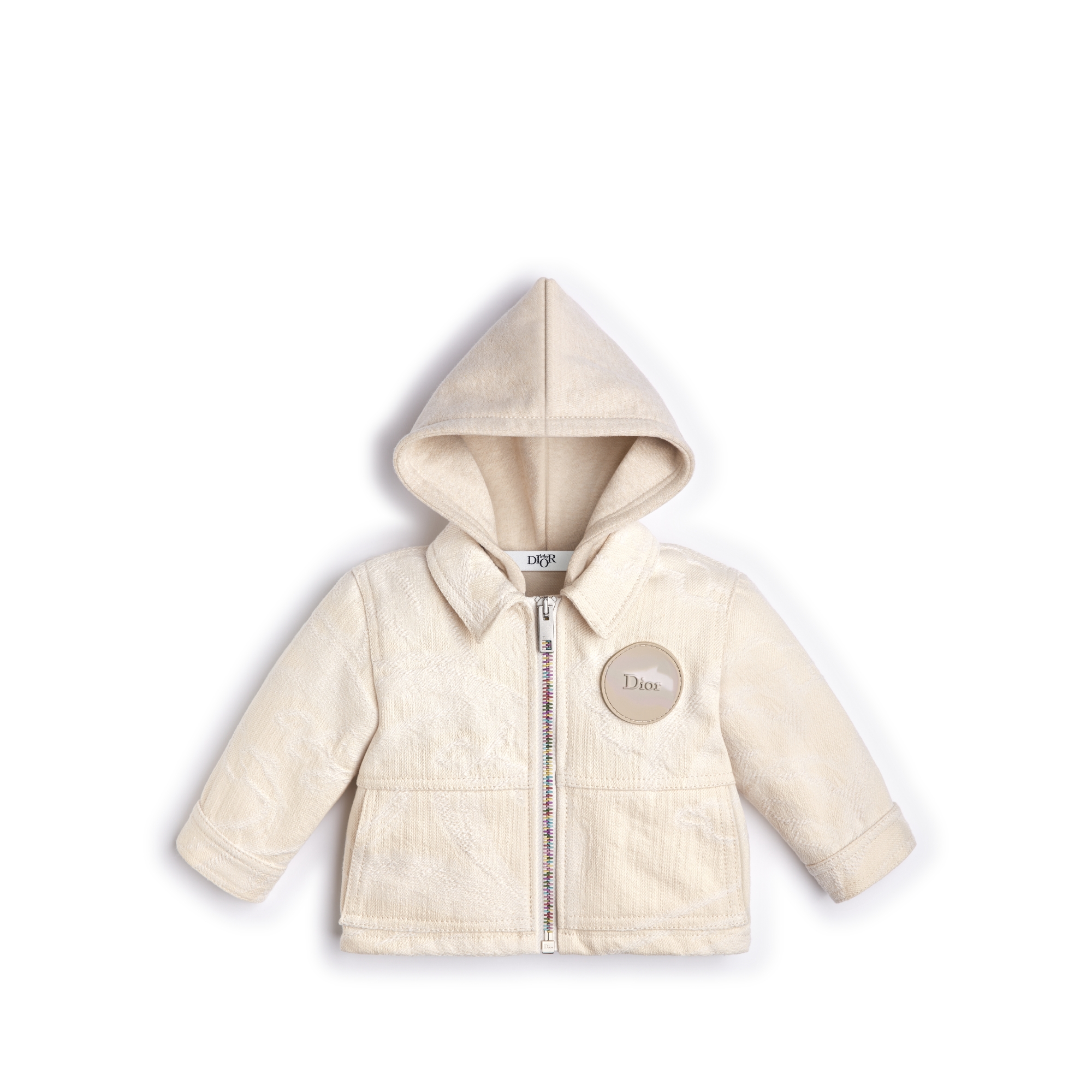 Baby Jacket Ivory Cotton Gabardine with Blurred-Effect Lily of the Valley Jacquard Motif E01