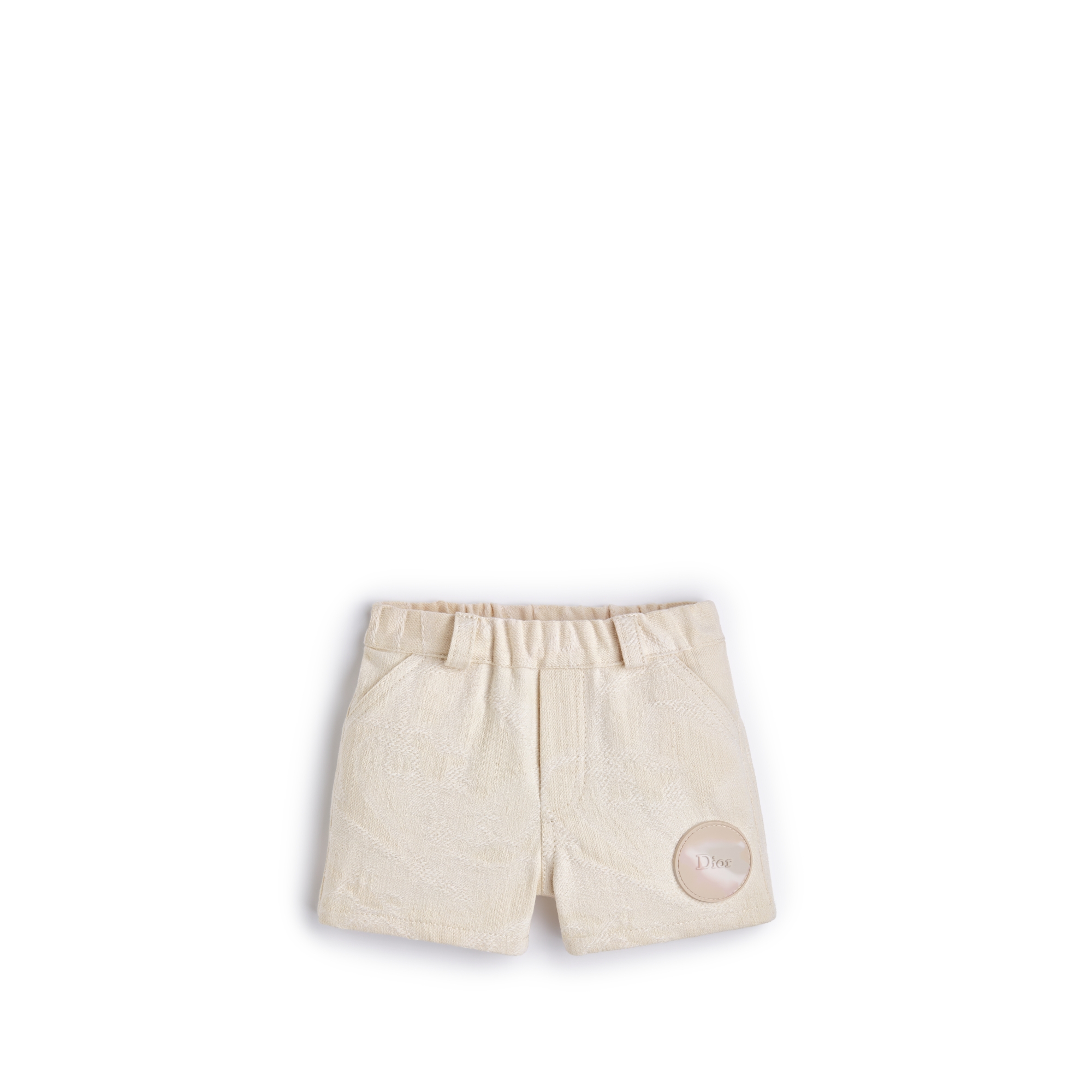 Baby Shorts Ivory Cotton Gabardine with Blurred-Effect Lily of the Valley Jacquard Motif E01