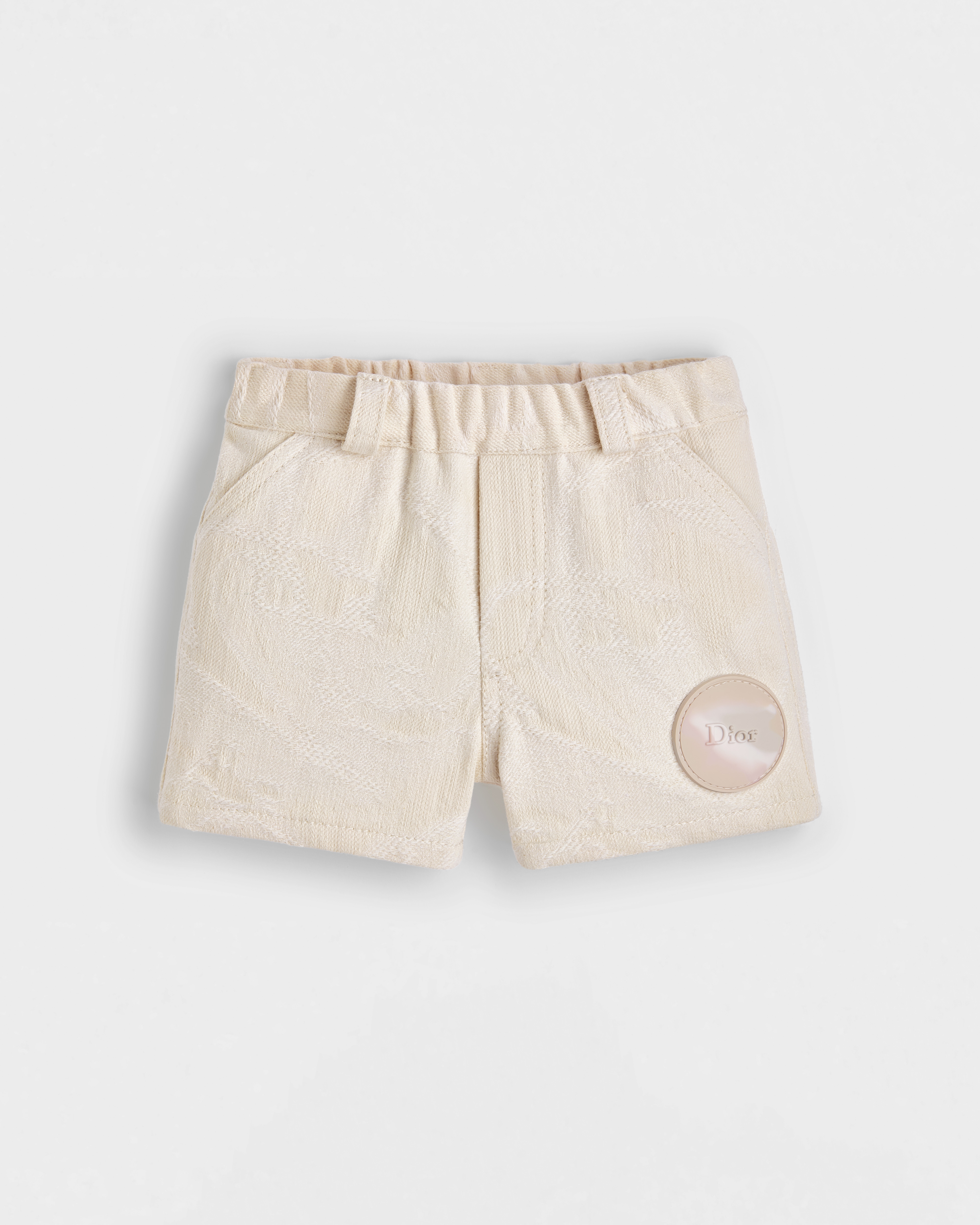 Baby Shorts Ivory Cotton Gabardine with Blurred-Effect Lily of the Valley Jacquard Motif E01