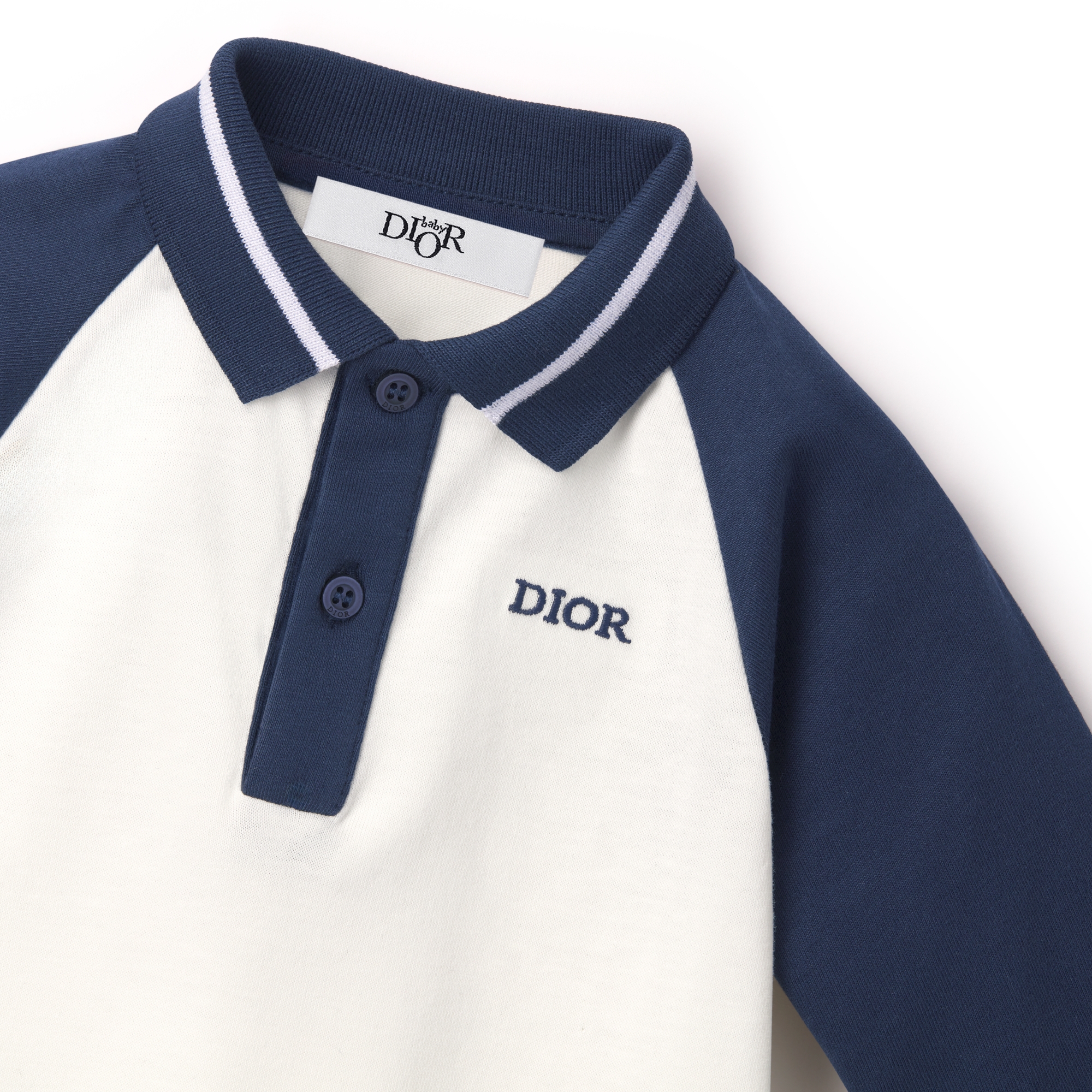 Baby Long-Sleeved Polo Shirt Ivory and Navy Blue Cotton Jersey E09