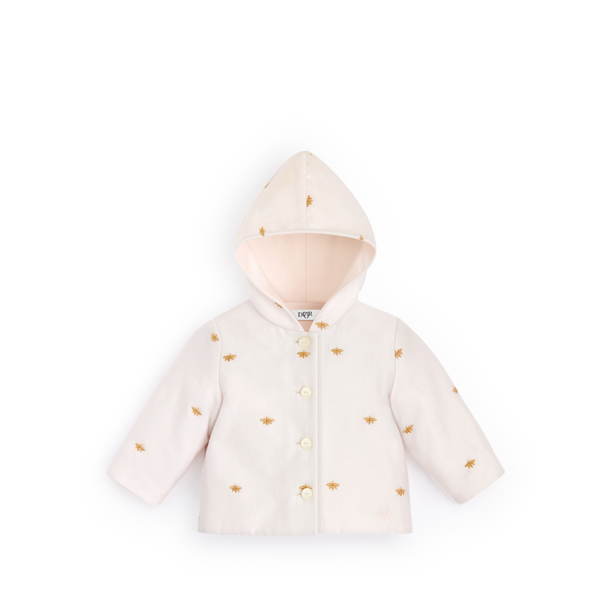 Outfit für Babys Provenzalisch gesteppter Baumwollsatin in Pastellrosa mit Bienenmotiv in Goldfarbe E02