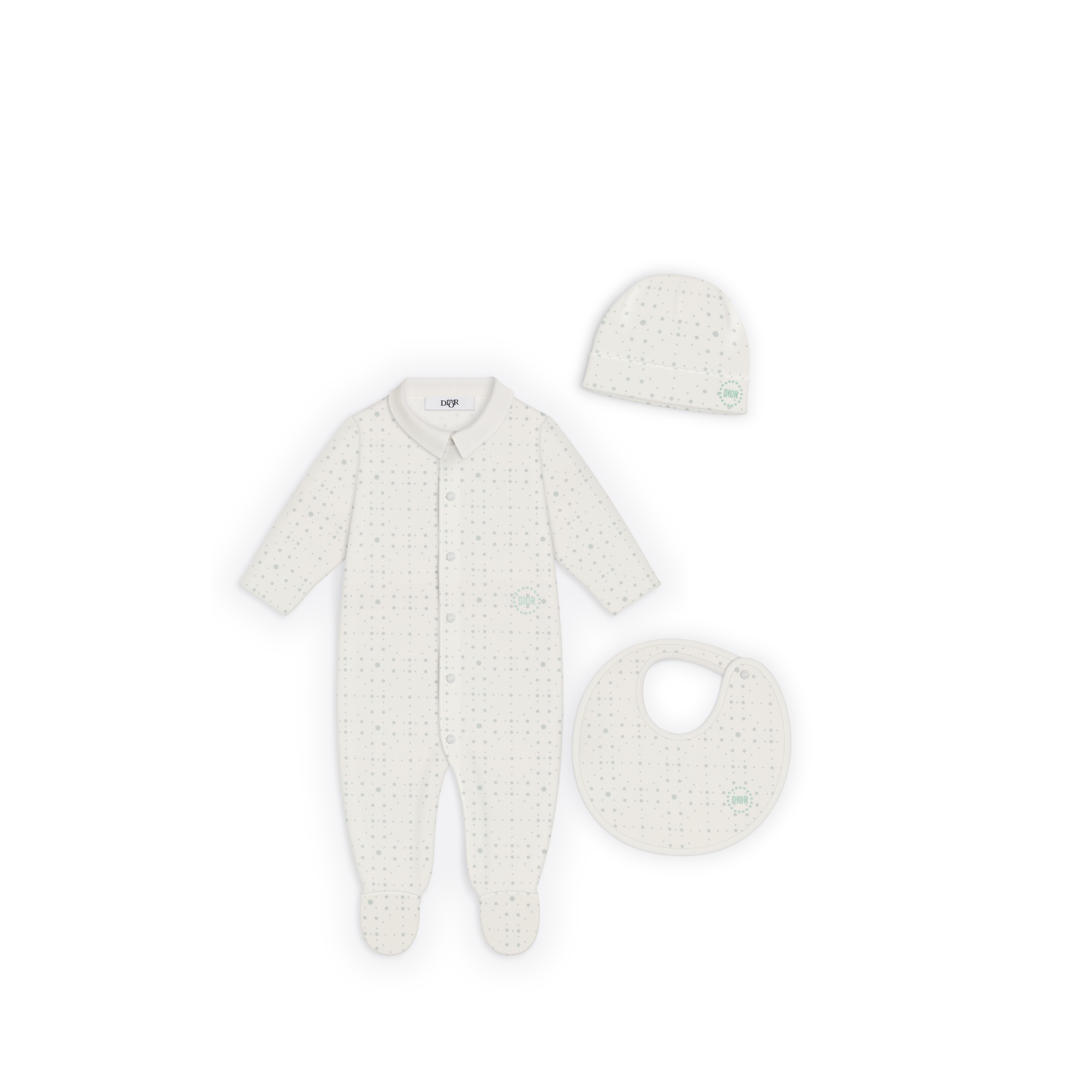 Newborn Gift Set Ivory Cotton Jersey with Celadon Revisited Cannage and Polka Dot Motif E01