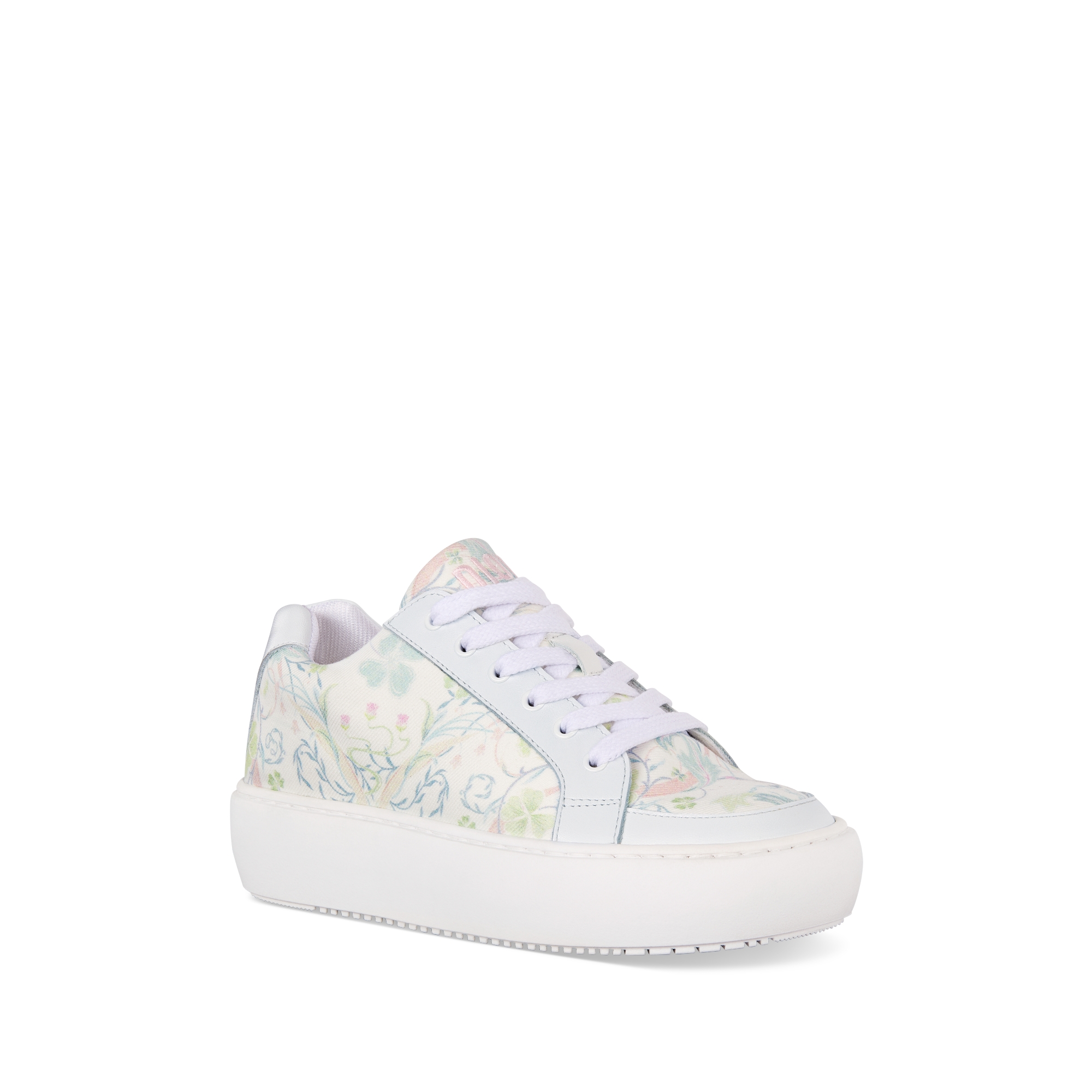 Kids' Low-Top Sneaker Ivory Cotton Canvas with Pastel Seasonal Motif and White Calfskin E03