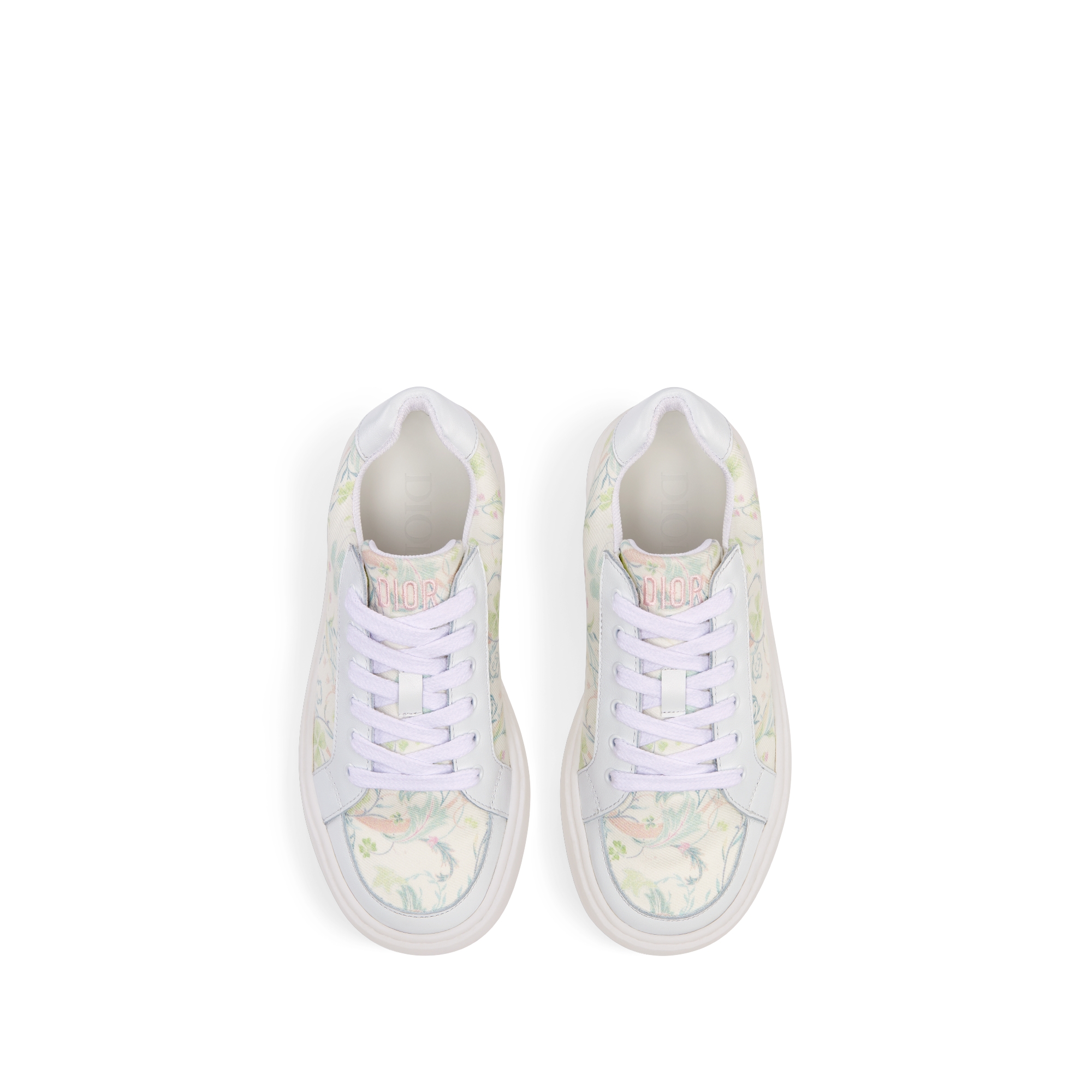 Kids' Low-Top Sneaker Ivory Cotton Canvas with Pastel Seasonal Motif and White Calfskin E06