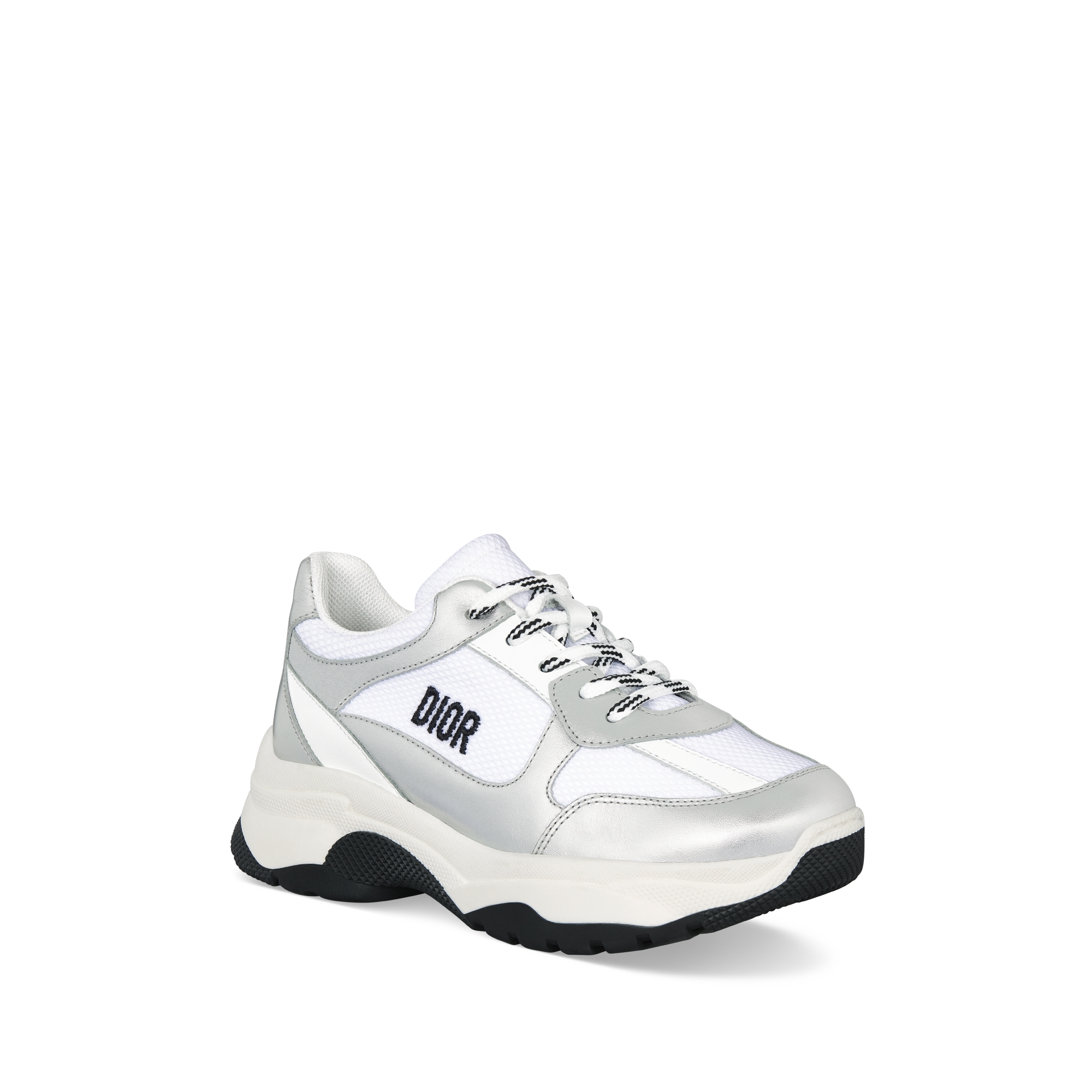 Sneaker de caña baja Dior Kids Piel de becerro plateada y malla blanca E03