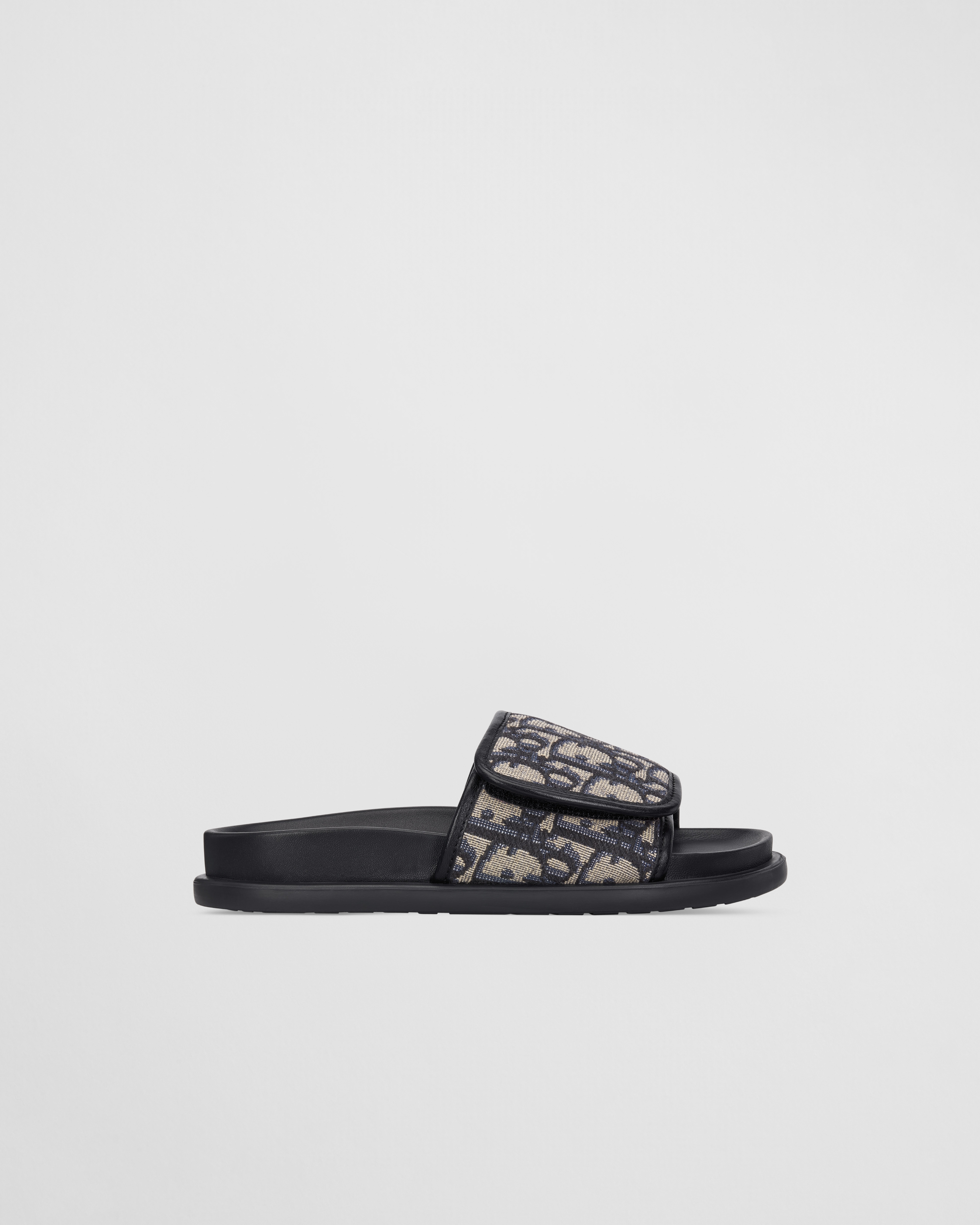 Kids' Slide Black Calfskin and Beige and Black Dior Oblique Fabric E02