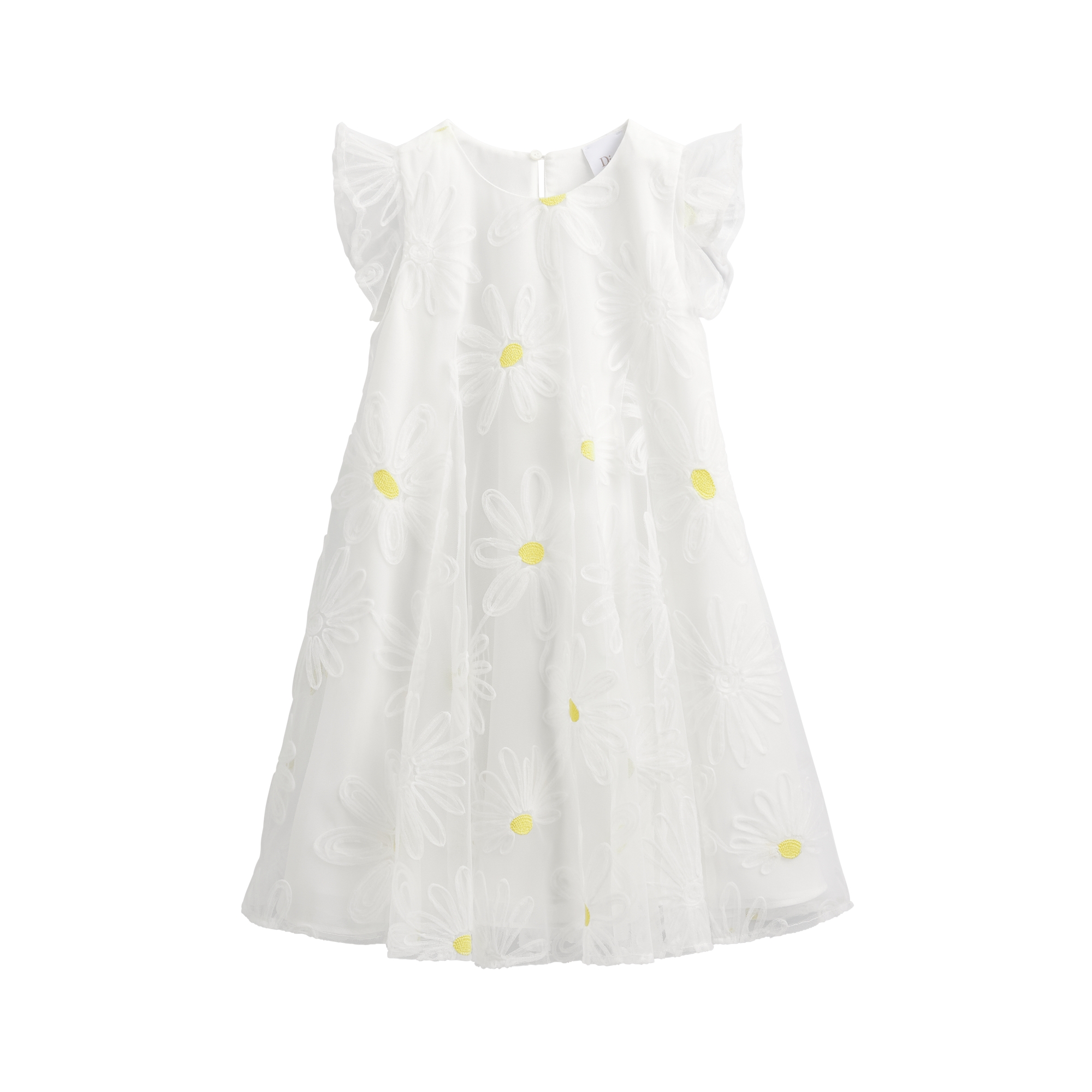 Kids' Flared Dress Ivory and Yellow Daisy Motif Embroidered Tulle E01