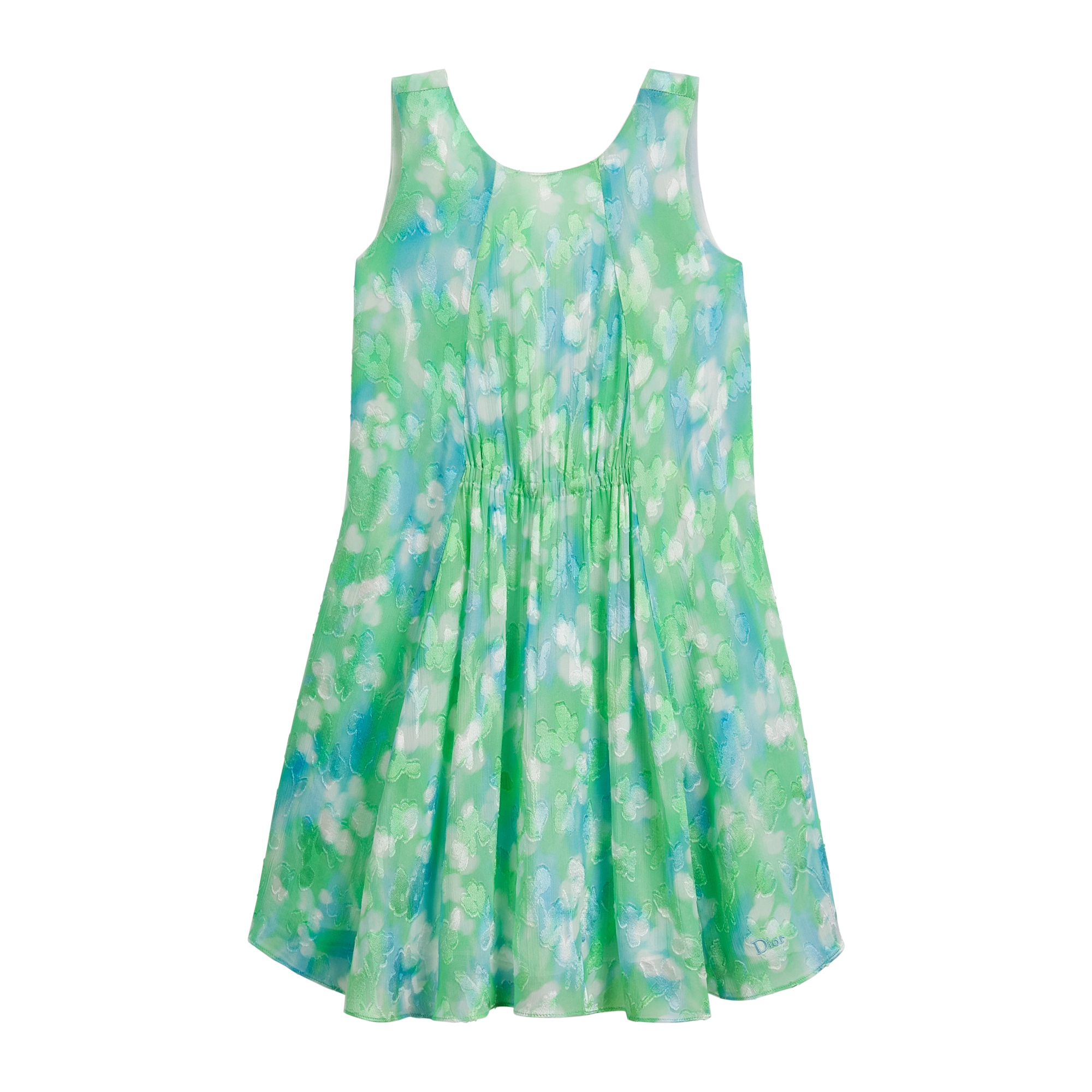 Kids' Flared Dress Blue and Green Fil Coupé Jacquard with Seasonal Floral Motif E01
