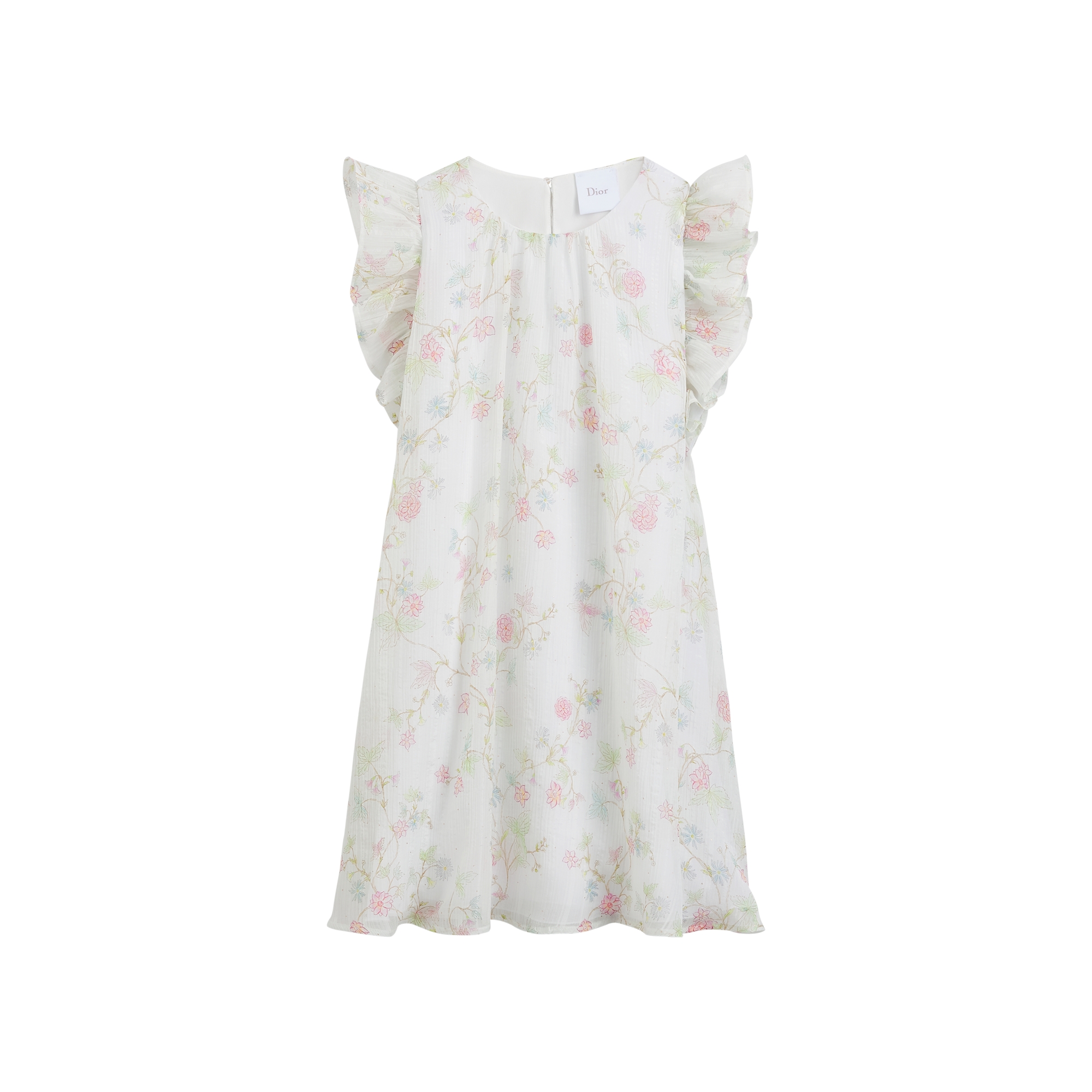 Kids' Flared Dress Ivory Cotton and Silk Voile with Multicolor and Gold-Tone Seasonal Floral Motif E01