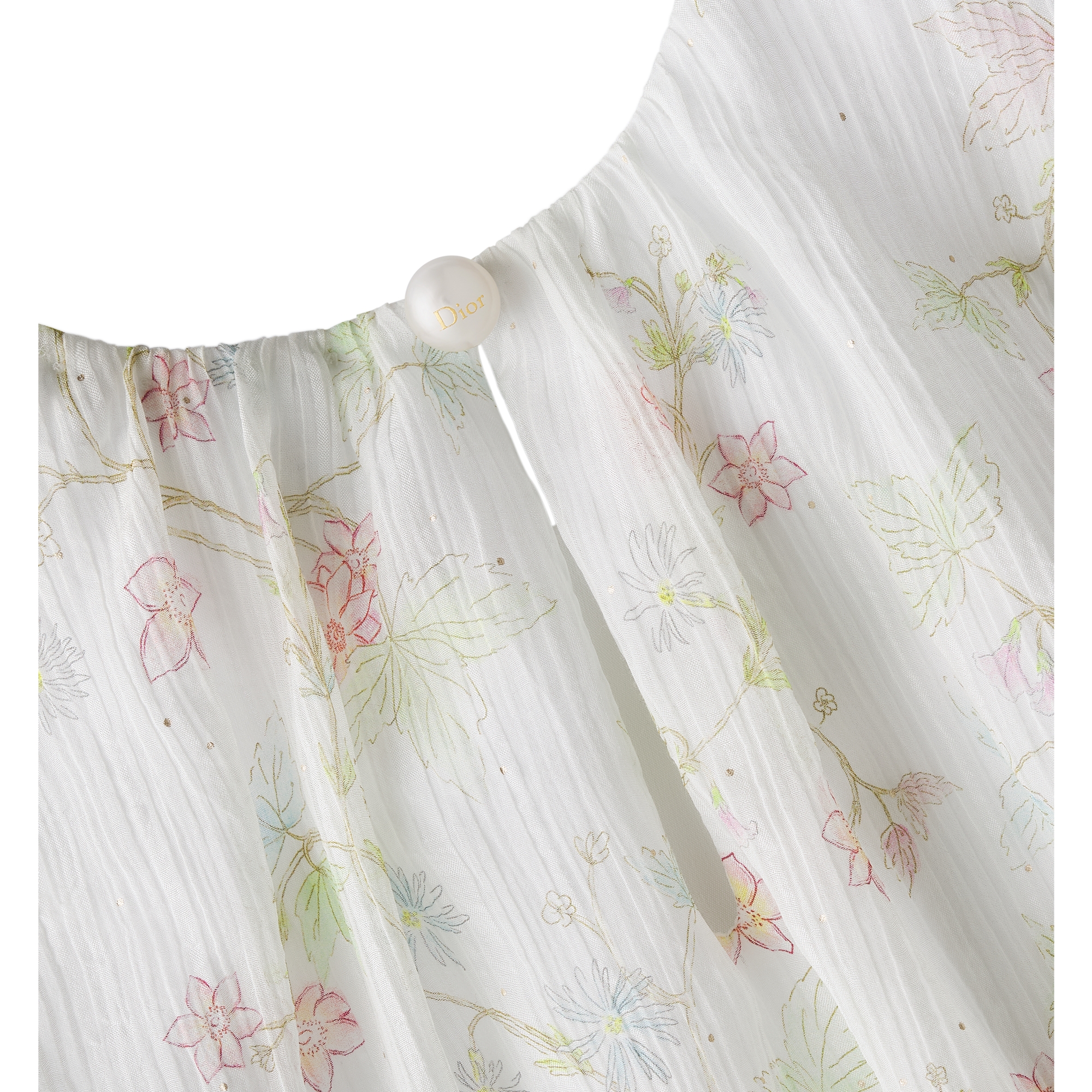 Kids' Flared Dress Ivory Cotton and Silk Voile with Multicolor and Gold-Tone Seasonal Floral Motif E10