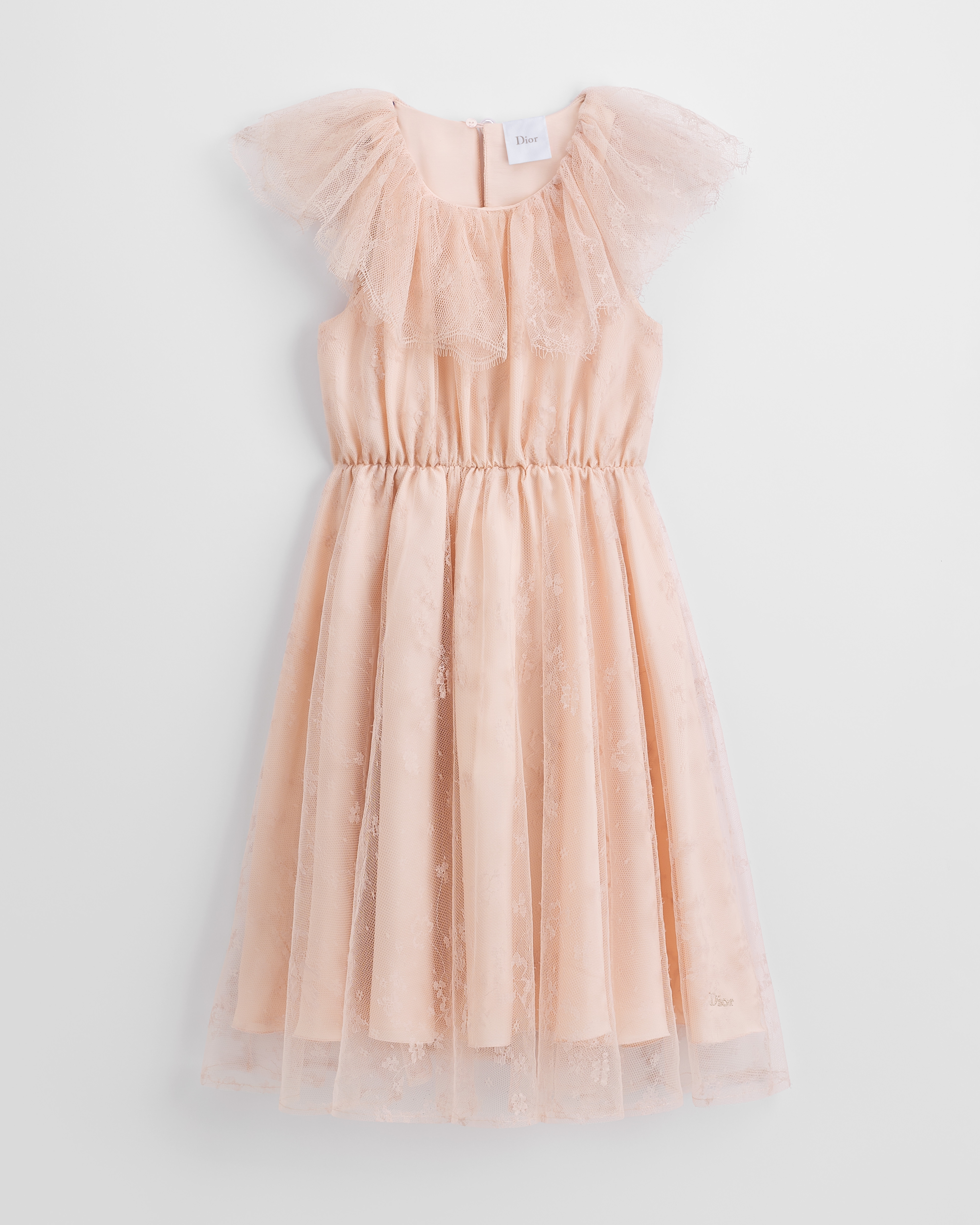 Kids' Flared Cinched Dress Pale Pink Clover Motif Lace E01