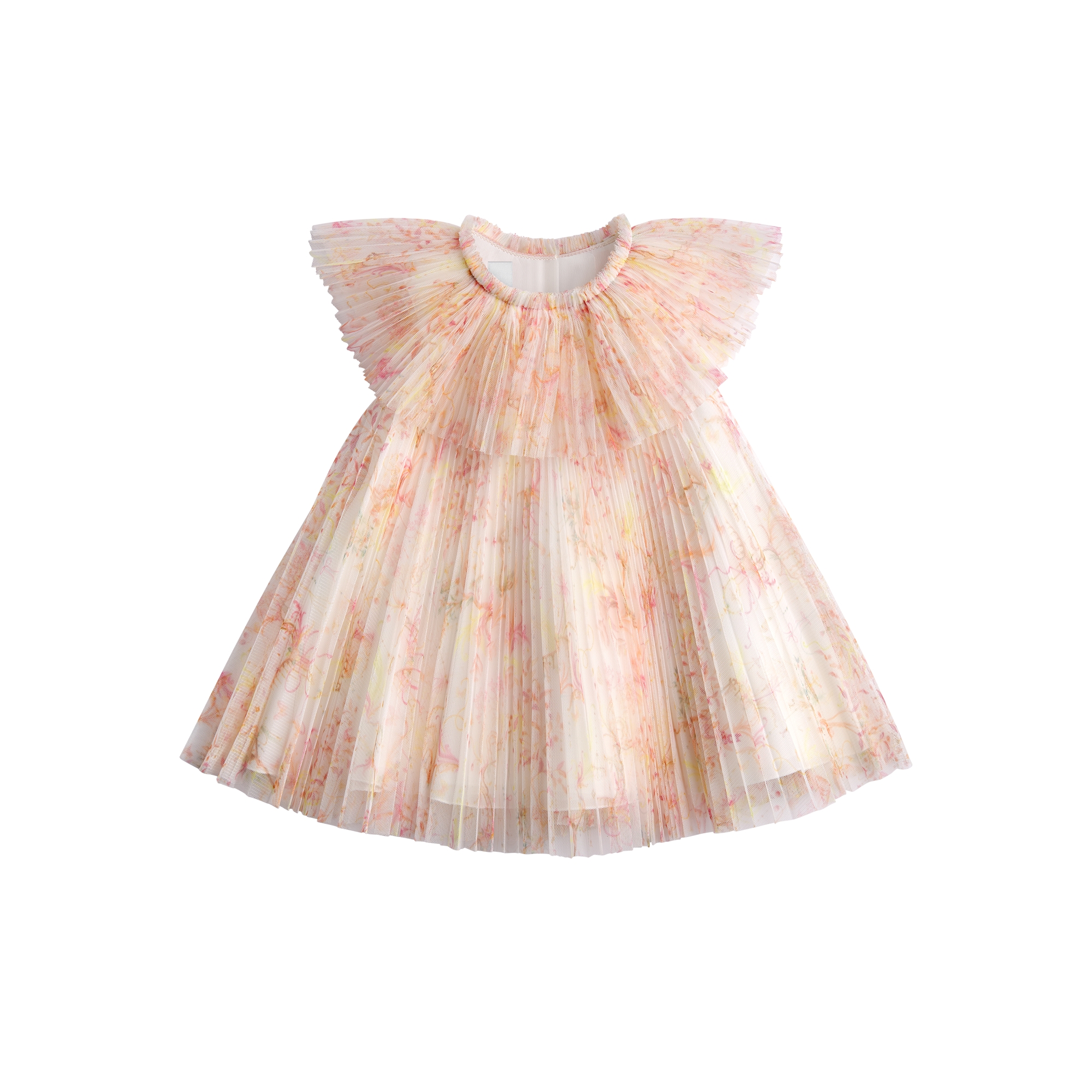 Baby Flared Dress Pleated Ivory Tulle with Multicolor Toile de Jouy Motif E01