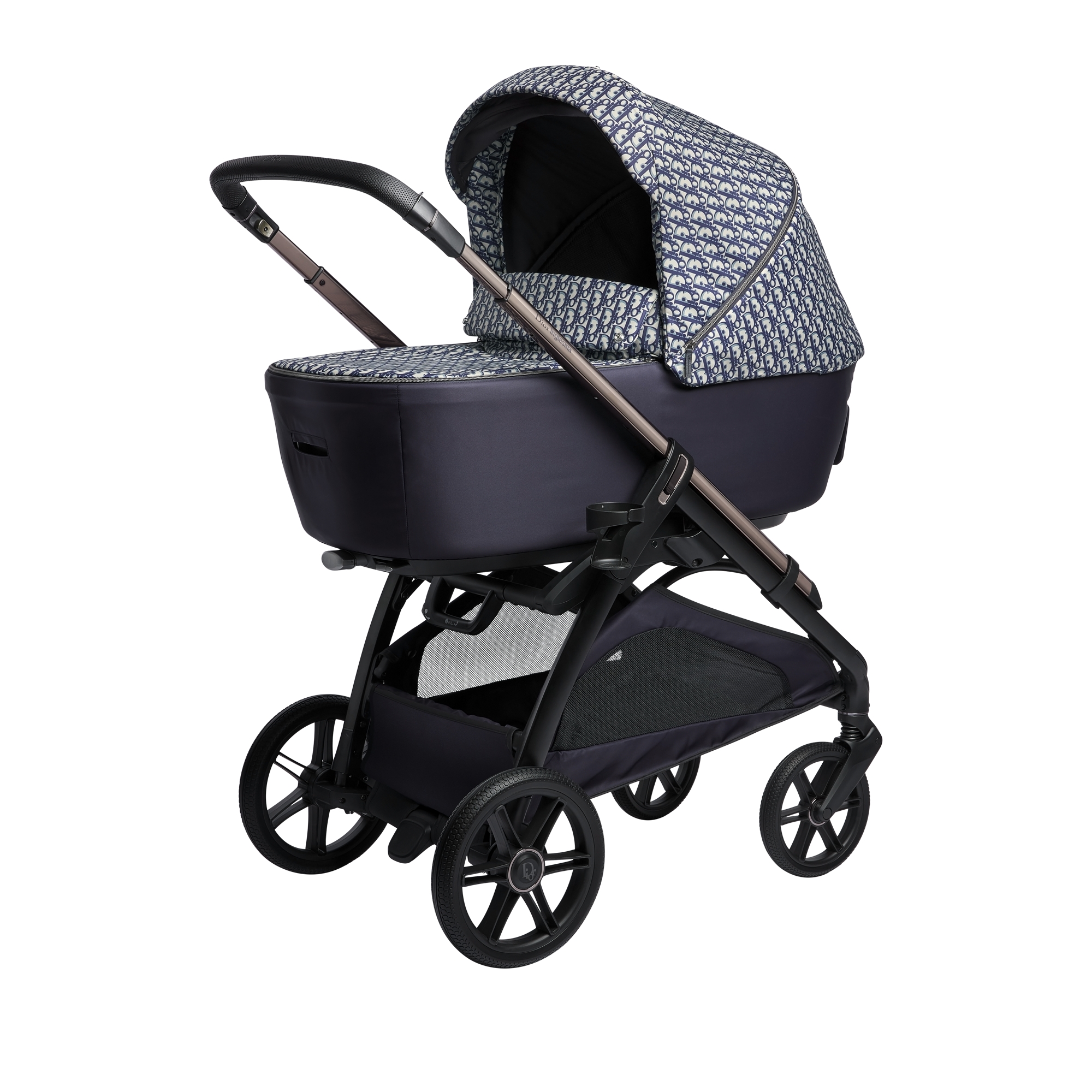Bassinet and Stroller Combo Beige and Blue Dior Oblique Printed Water-Repellent Fabric E03