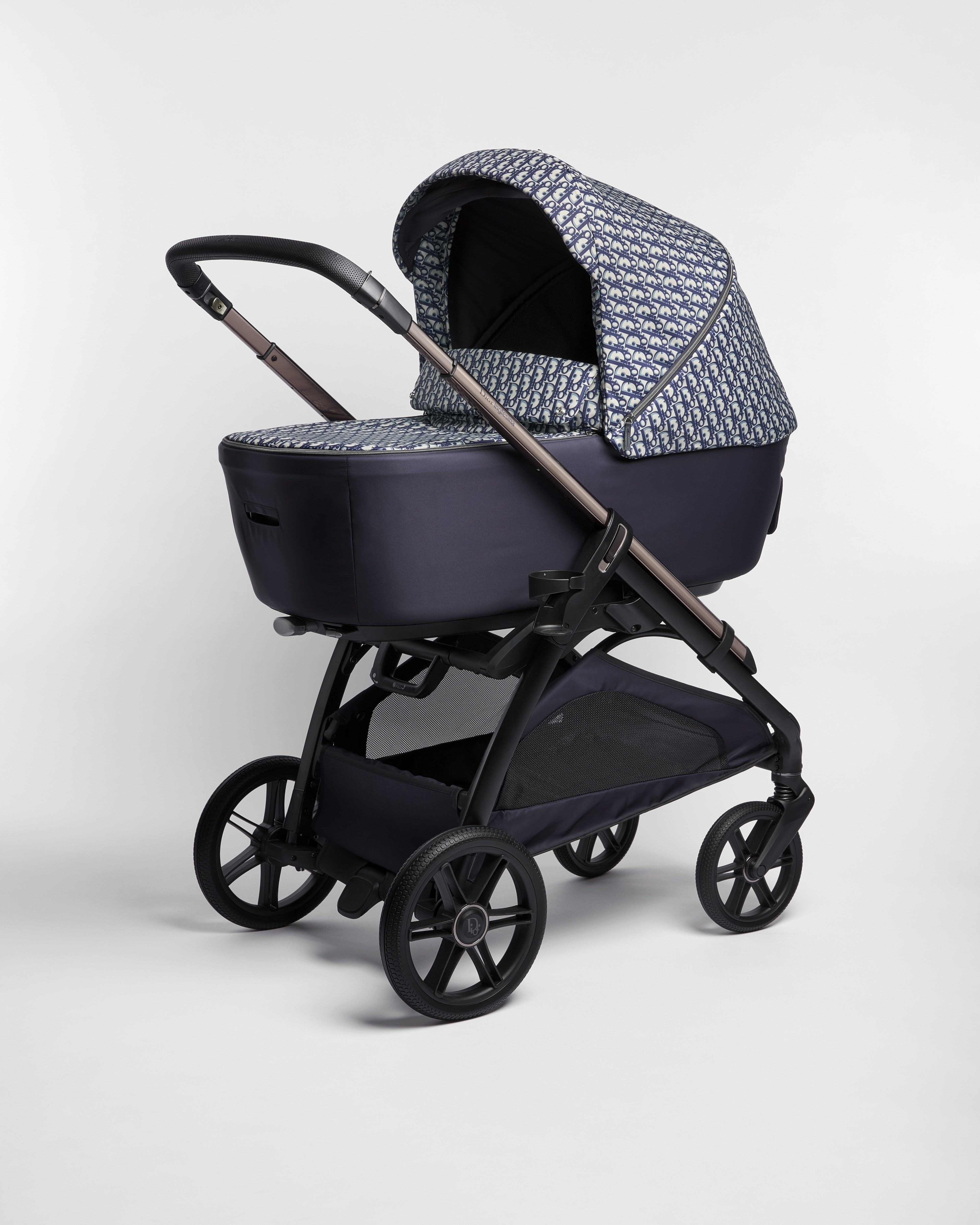 Bassinet and Stroller Combo Beige and Blue Dior Oblique Printed Water-Repellent Fabric E03