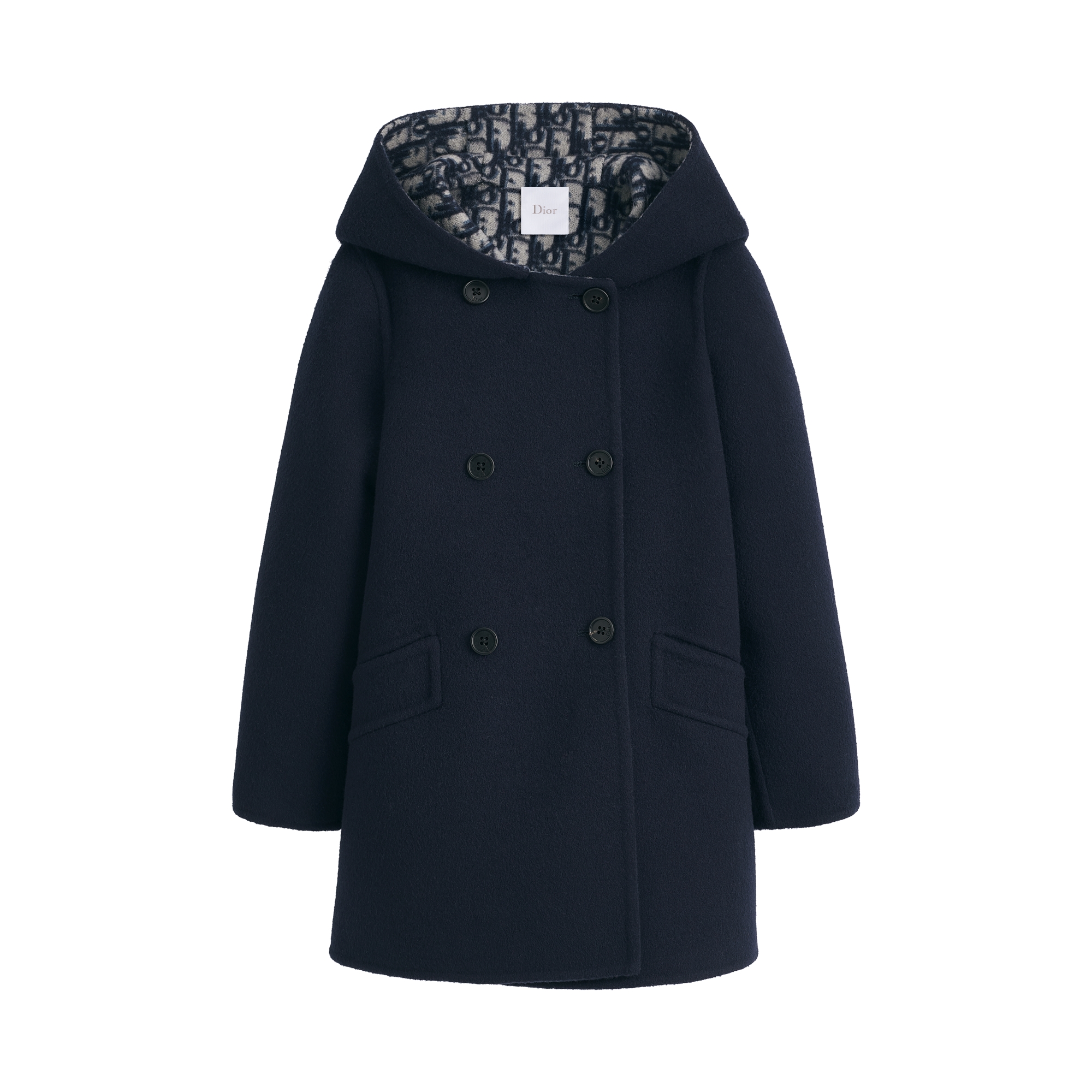 Kids' Hooded Coat Navy Blue Double-Faced Wool with Beige and Blue Dior Oblique Jacquard E01