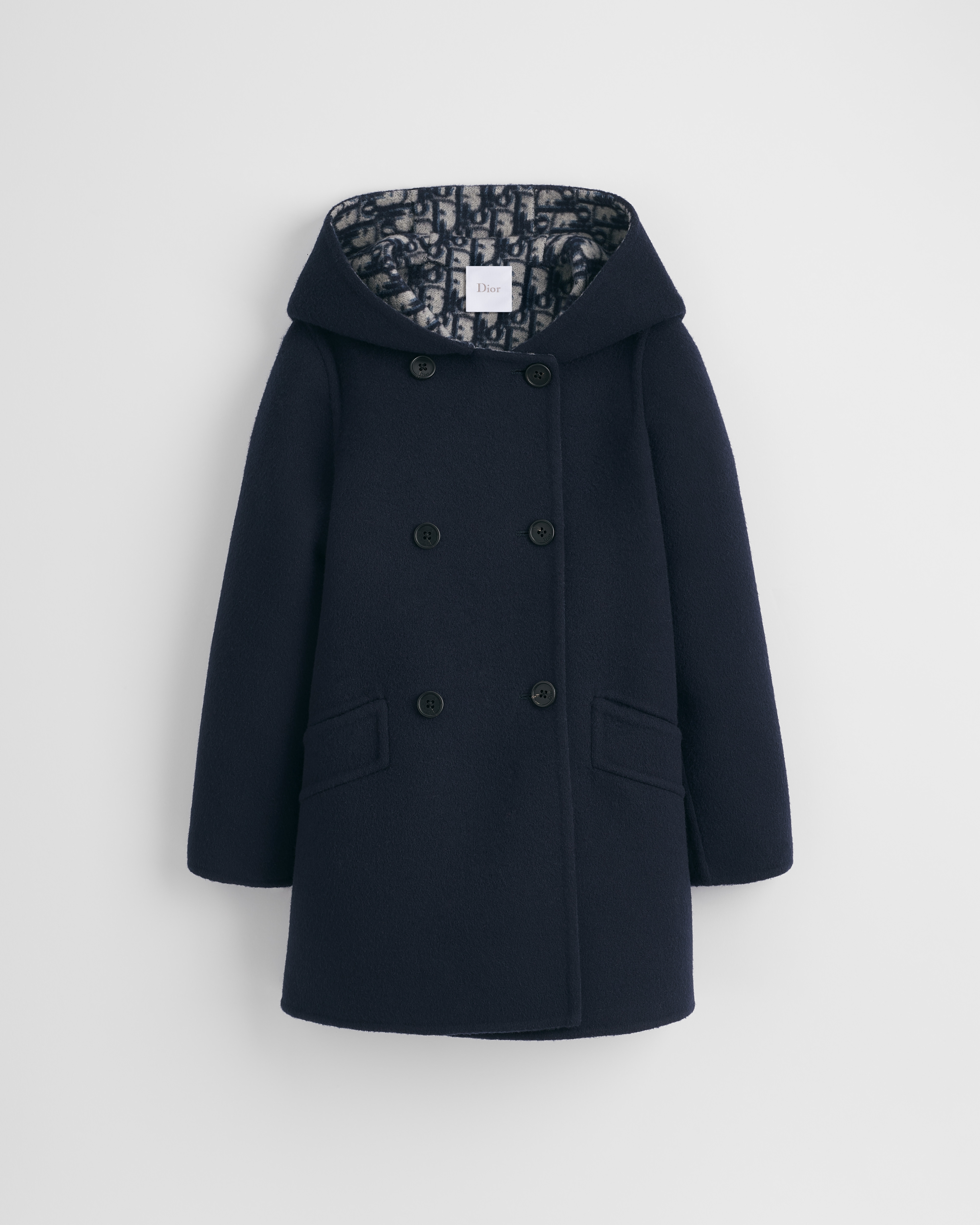 Kids' Hooded Coat Navy Blue Double-Faced Wool with Beige and Blue Dior Oblique Jacquard E01
