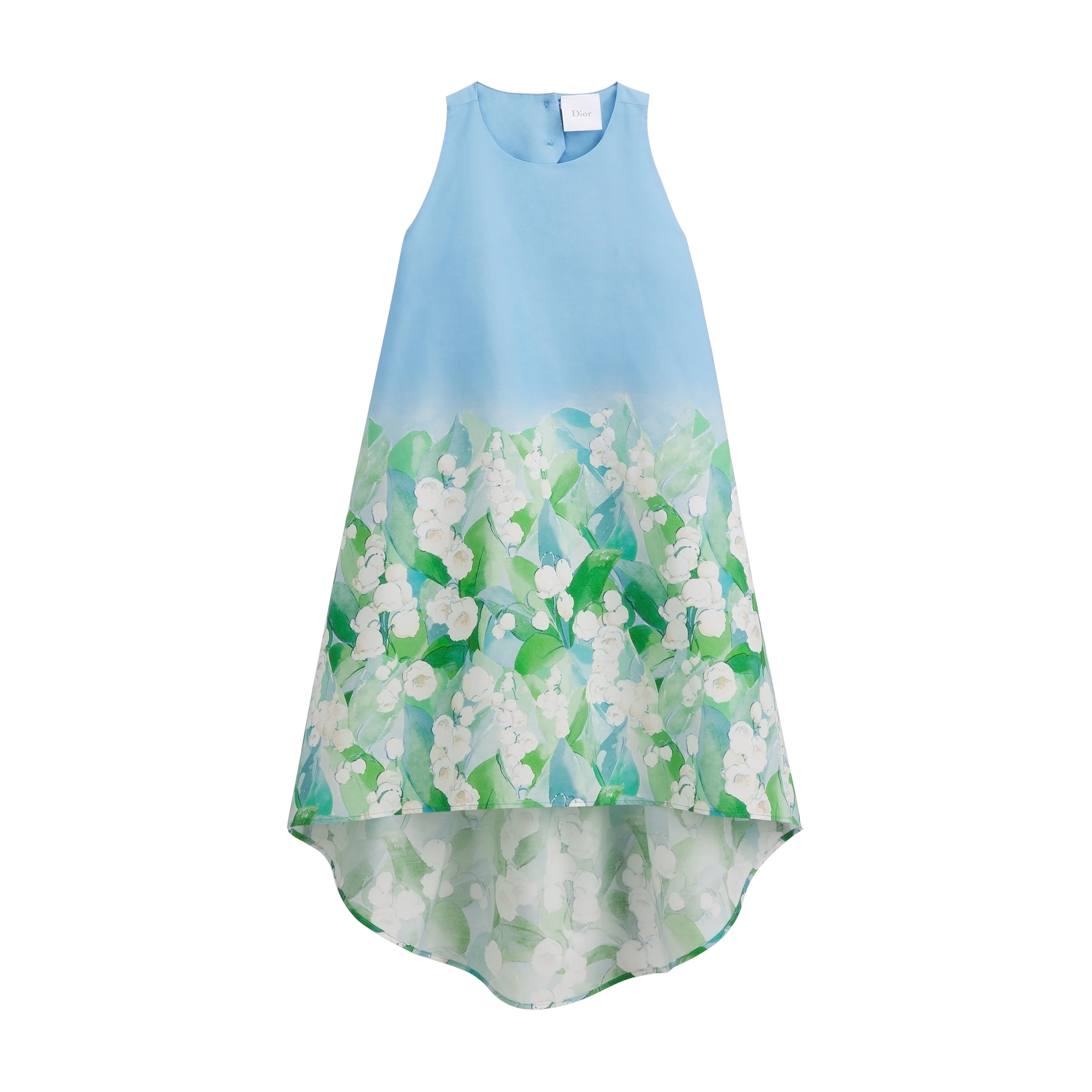 Kids' Flared Dress Blue Cotton Poplin with Multicolor Seasonal Lily of the Valley Motif E01