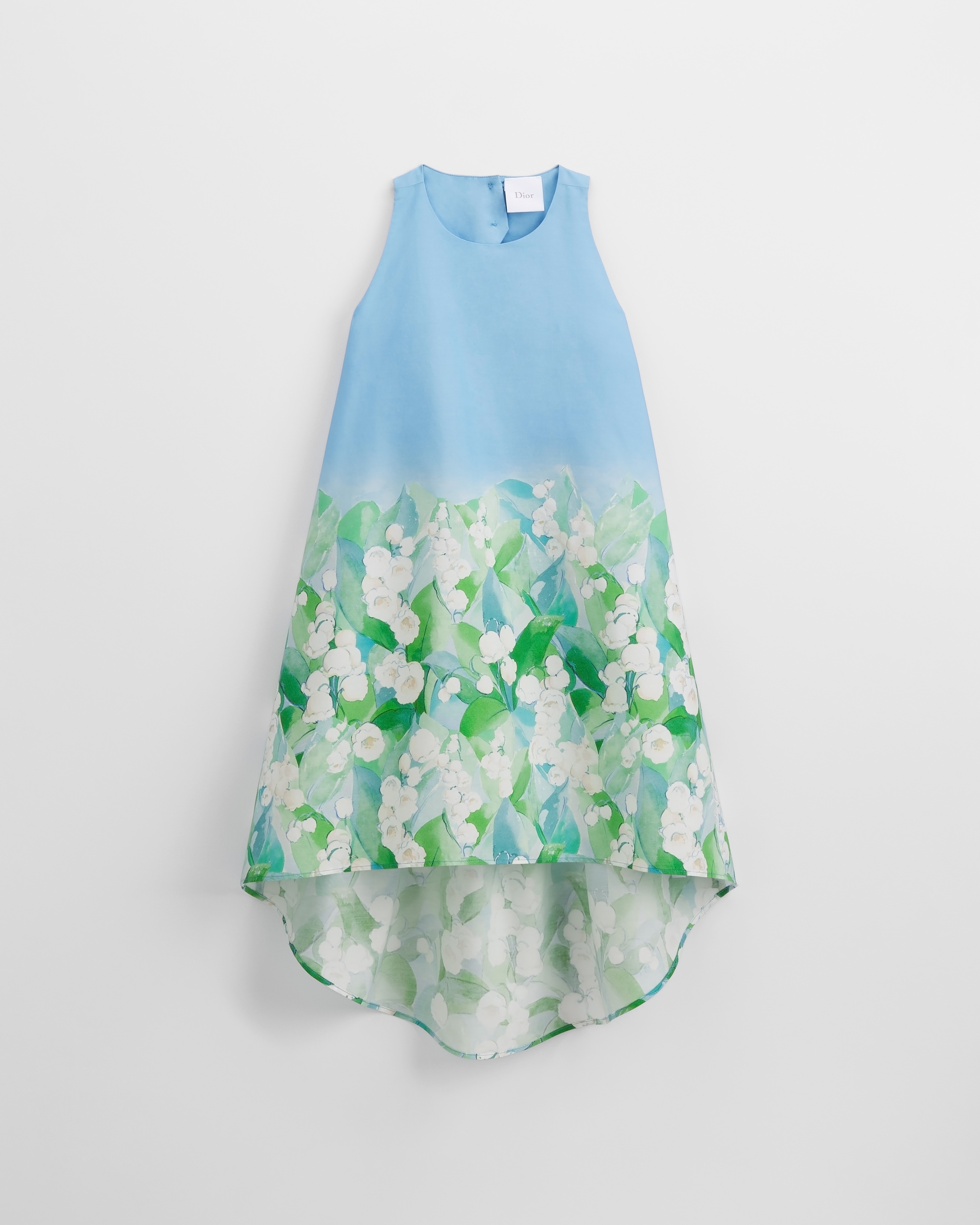 Ausgestelltes Kleid für Kinder Baumwollpopelin in Blau mit saisonalem Lily of the Valley Motiv in mehreren Farben E01