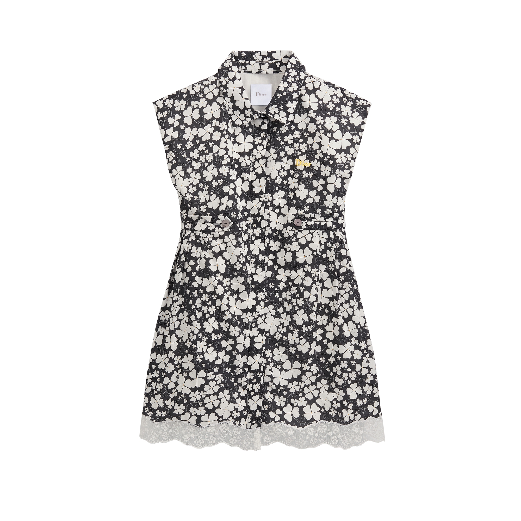 Kids' Flared Cinched Dress Black and White Clover Motif Cotton Poplin E01