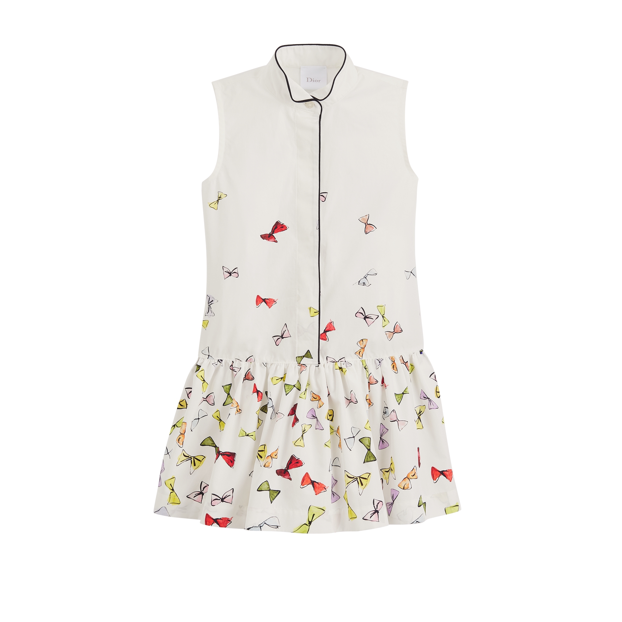 Kids' Short Flared Dress White Cotton Poplin with Multicolor Dior Bows Motif E01