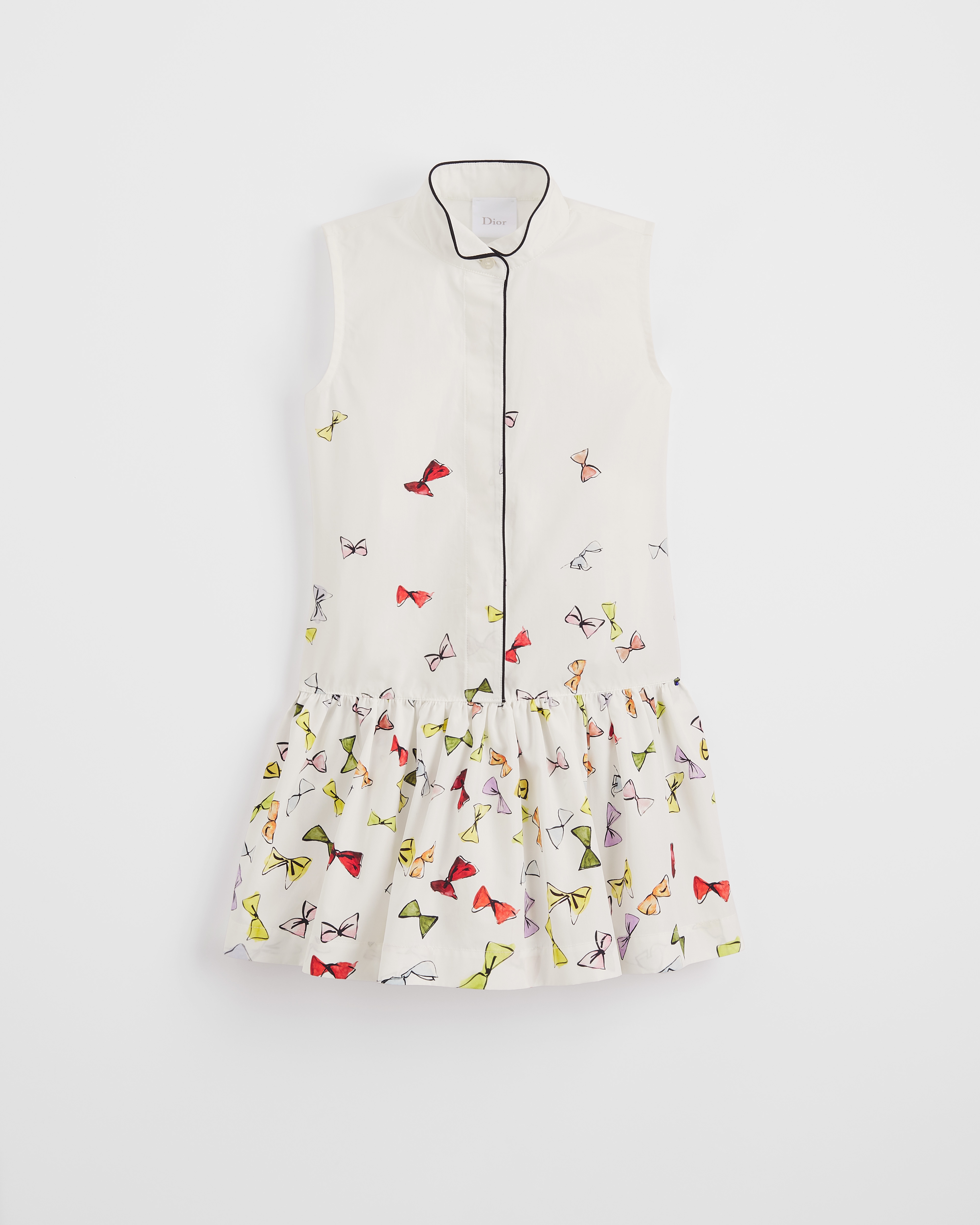 Kurzes, ausgestelltes Kleid für Kinder Baumwollpopelin in Weiß mit Dior Bows Motiv in mehreren Farben E01