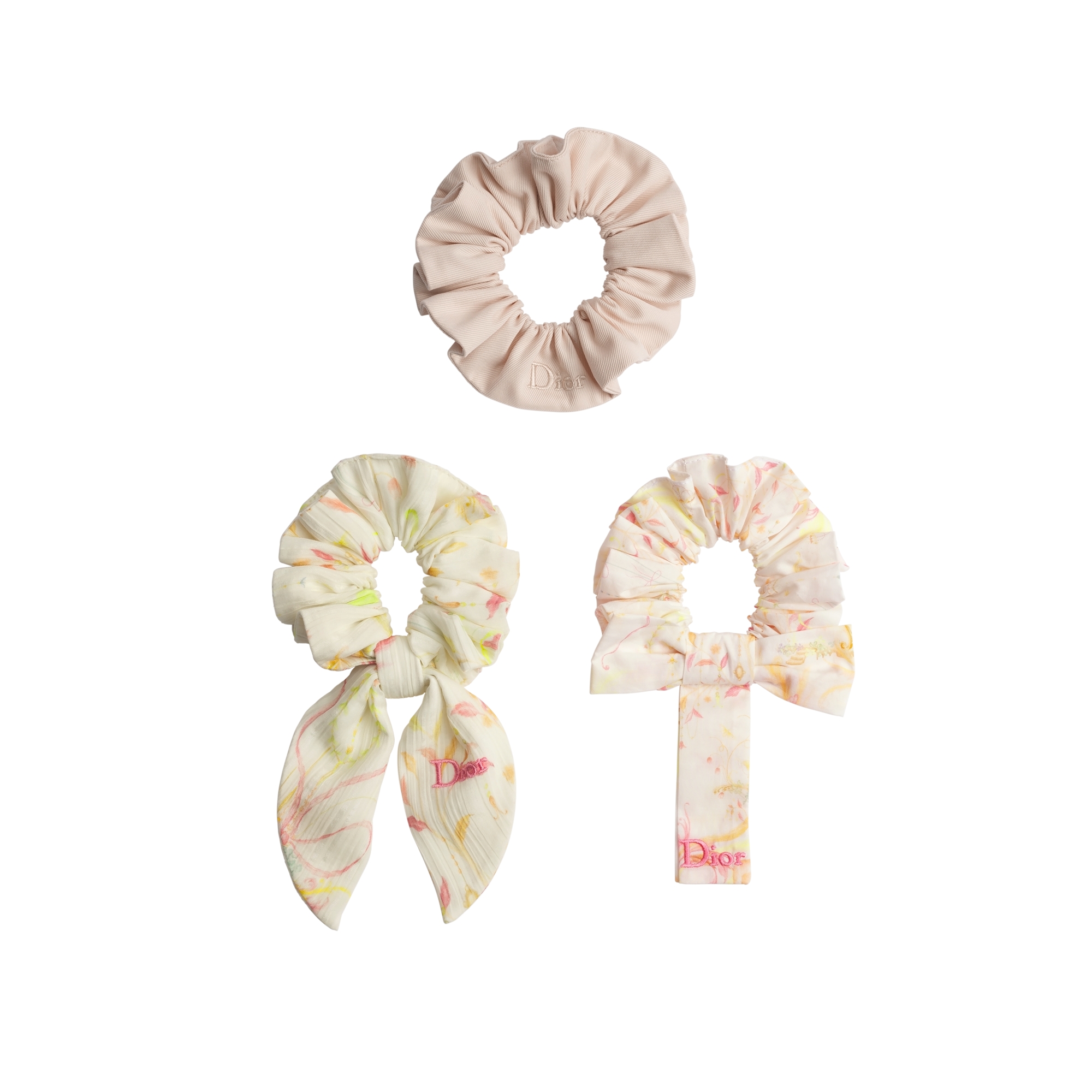 Kids' Scrunchies Pale Pink Cotton Gabardine, Ivory Cotton and Silk Voile and Cotton Poplin with Multicolor Toile de Jouy Motif E01