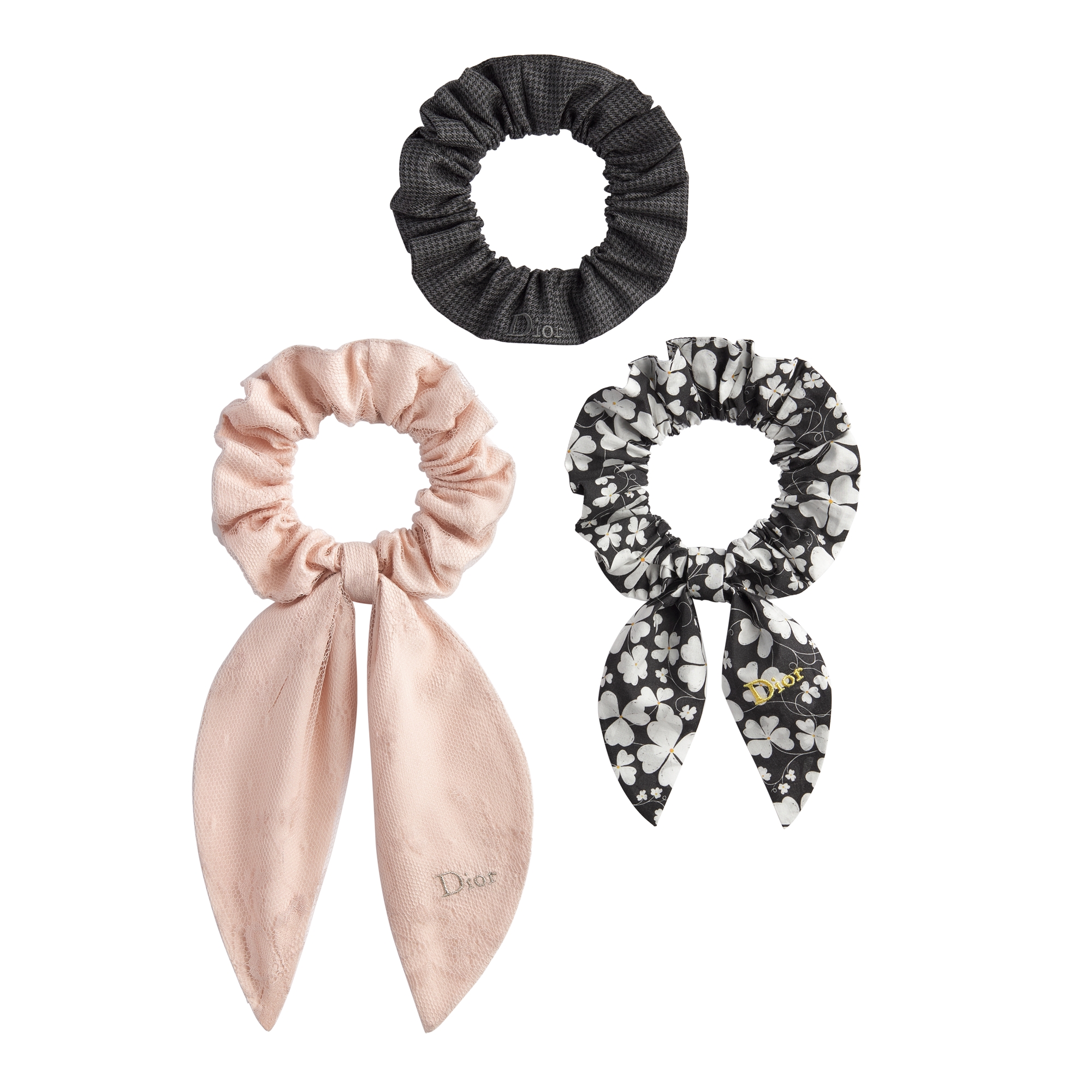 Kids' Scrunchies Pale Pink Clover Motif Lace, Black and White Clover Motif Poplin, and Anthracite Gray Nano Houndstooth Fabric E01