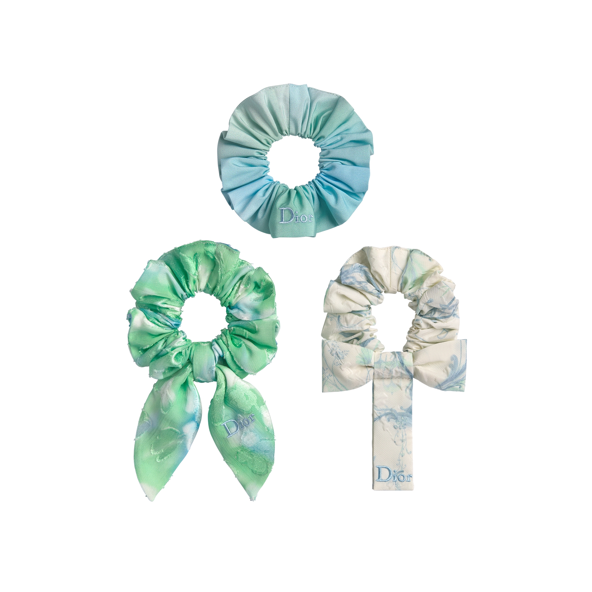 Kids' Scrunchies Moiré-Effect Technical Fabric, Fil Coupé Jacquard with Seasonal Floral Motif and Ivory Fabric Embossed with Blue and Green Toile de Jouy Motif E01