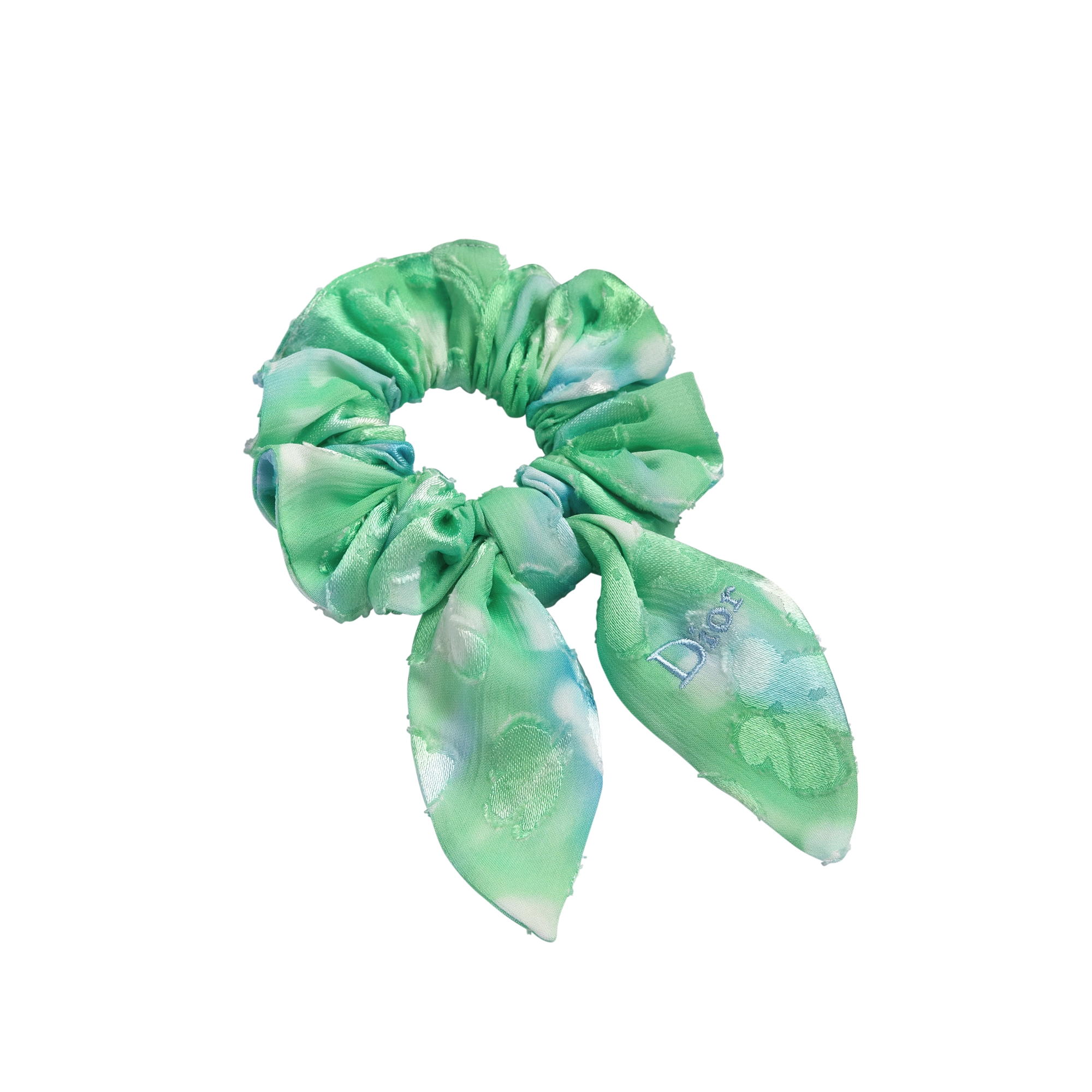 Kids' Scrunchies Moiré-Effect Technical Fabric, Fil Coupé Jacquard with Seasonal Floral Motif and Ivory Fabric Embossed with Blue and Green Toile de Jouy Motif E03
