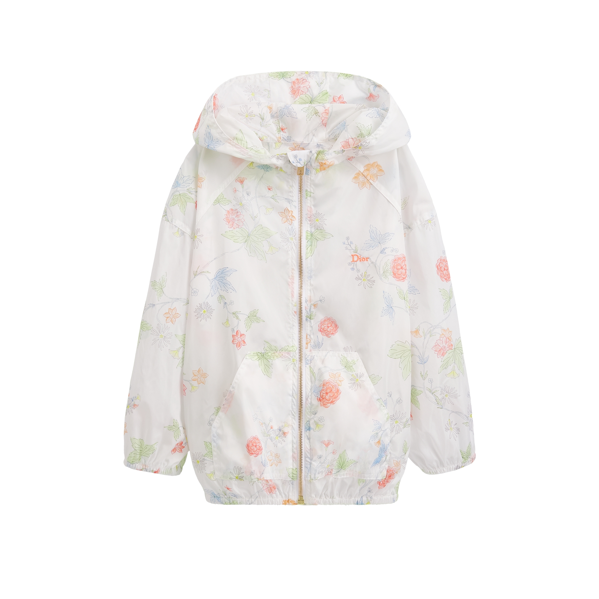 Kids' Windbreaker Jacket Ivory Technical Fabric with Multicolor Seasonal Floral Motif E01