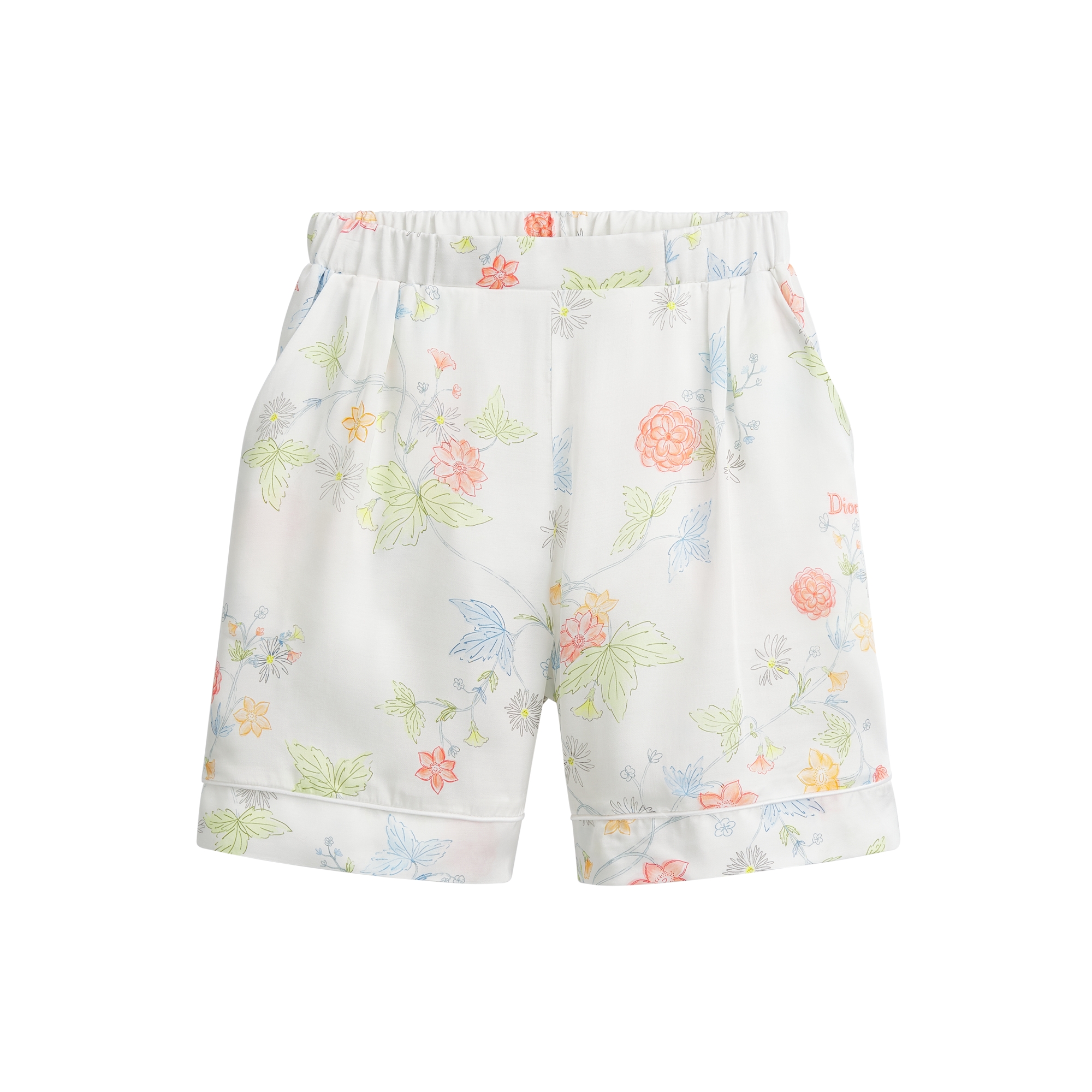 Kids' Shorts Ivory Satin-Finish Viscose with Multicolor Seasonal Floral Motif E01