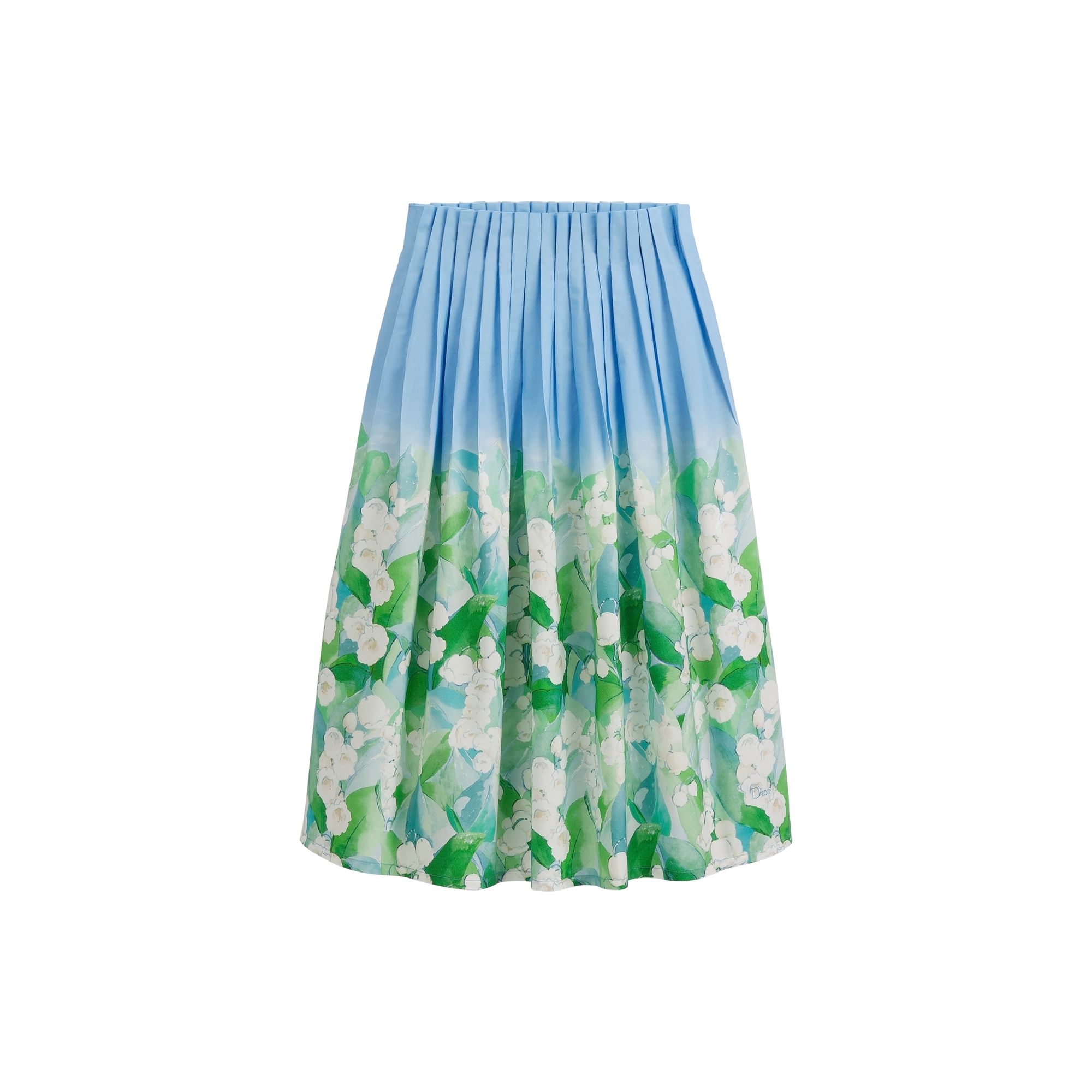 Kids' Long Skirt Blue Cotton Poplin with Multicolor Seasonal Lily of the Valley Motif E01