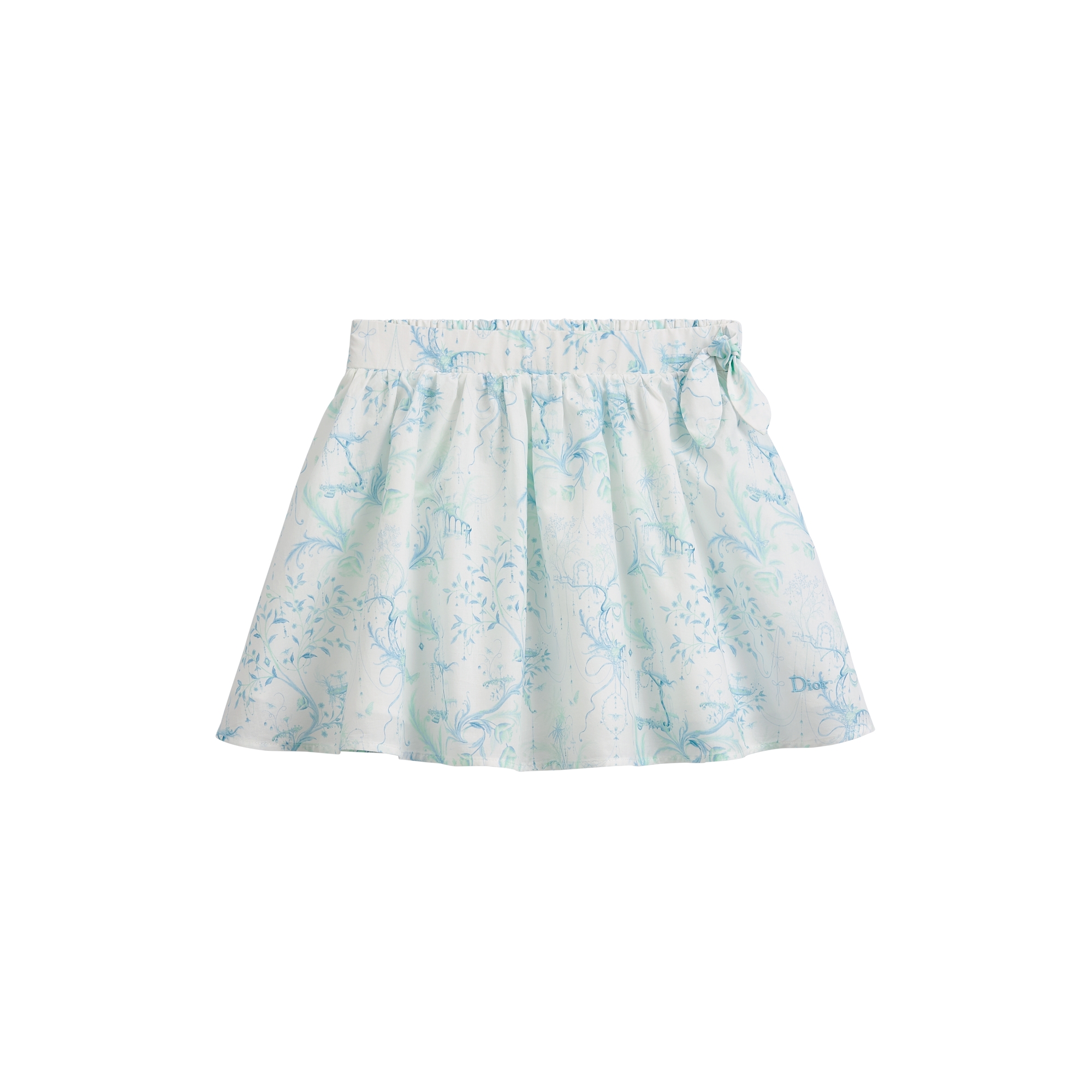 Kids' Short Skirt Ivory Cotton Poplin with Blue and Green Toile de Jouy Motif E01