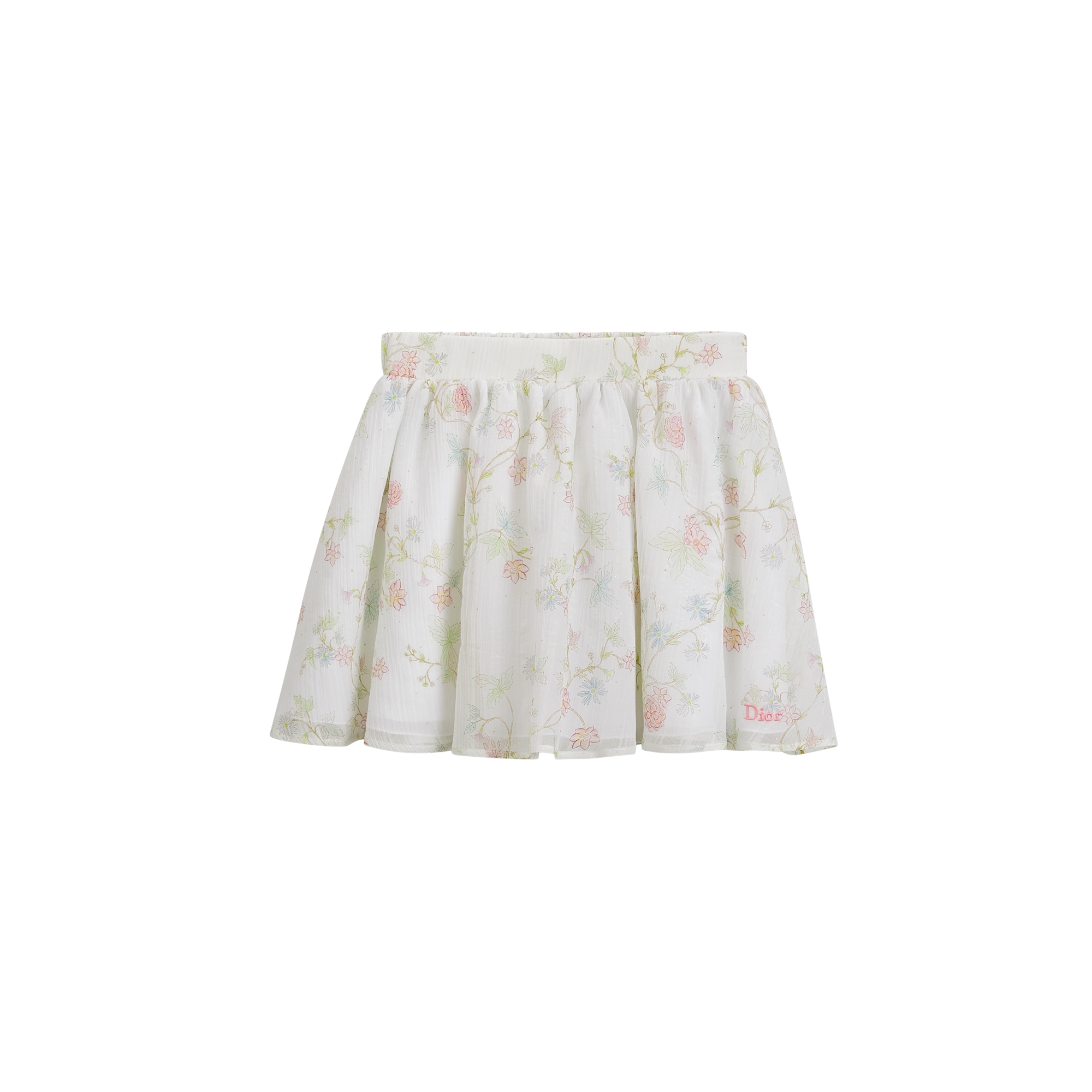 Kids' Short Skirt Ivory Cotton and Silk Voile with Multicolor and Gold-Tone Seasonal Floral Motif E01